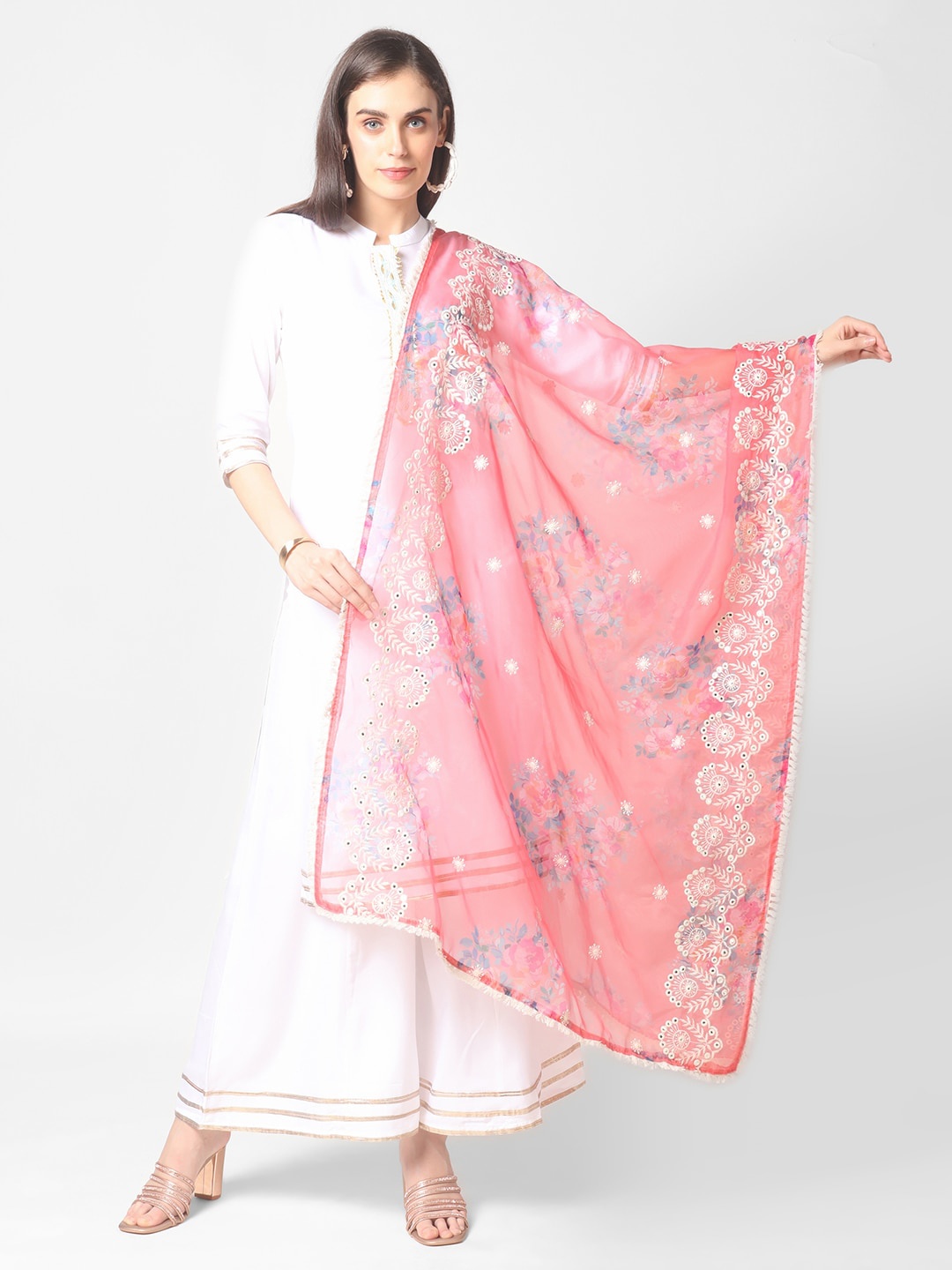 

Dupatta Bazaar Peach-Coloured & Red Embroidered Organza Dupatta with Thread Work