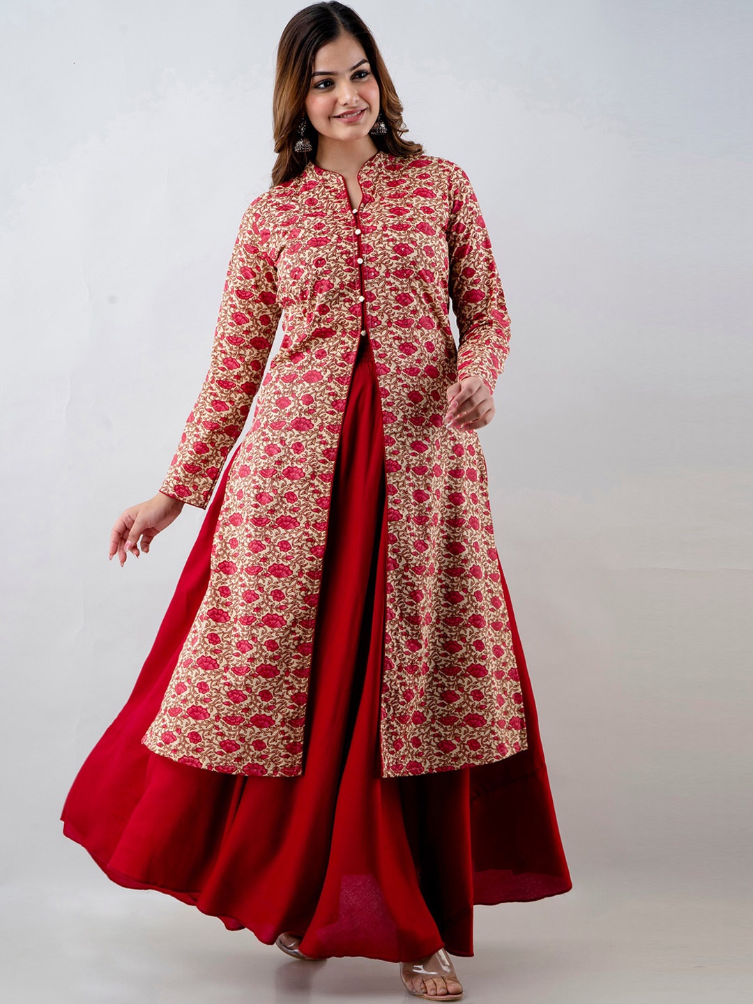 

OMASK Floral Printed Gotta Patti Pure Cotton Kurta with Skirt, Red