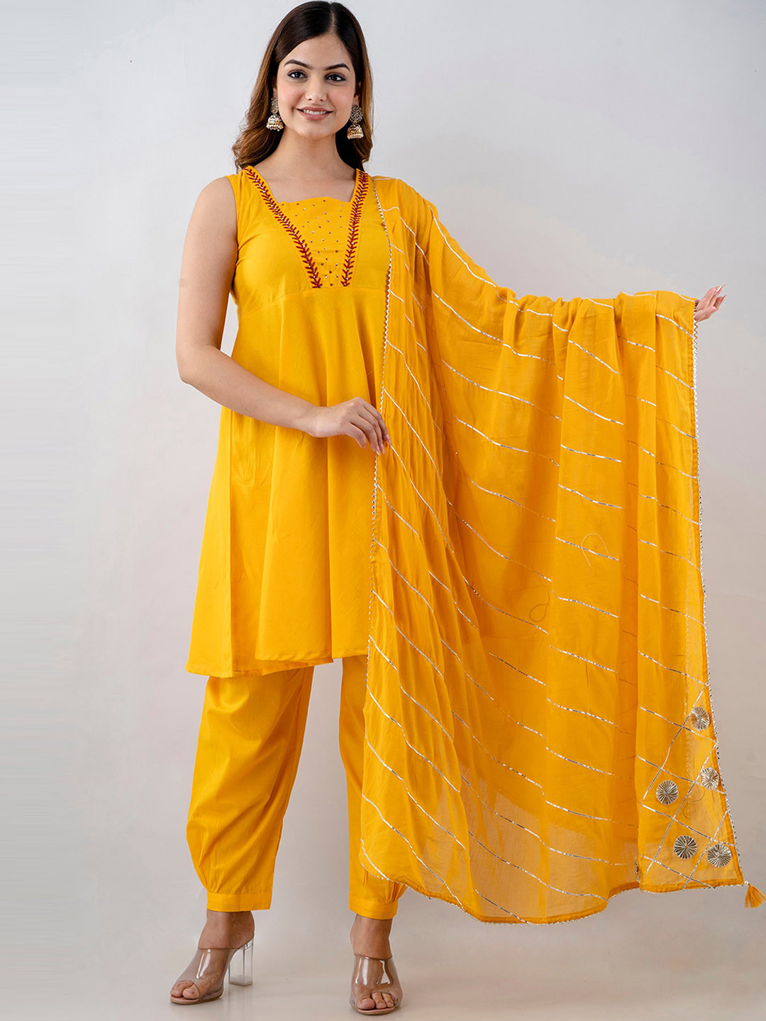 

OMASK Floral Embroidered Empire Gotta Patti Pure Cotton Kurta with Patiala & With, Mustard