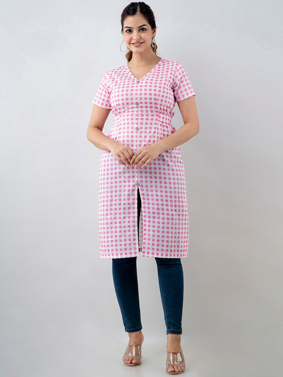 

OMASK Women Pink Checked Thread Work Kurta