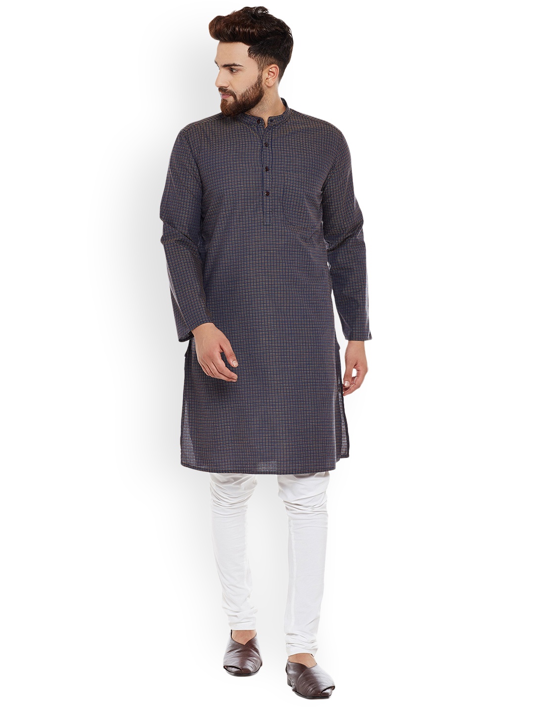 

even Men Blue Checked Straight Kurta