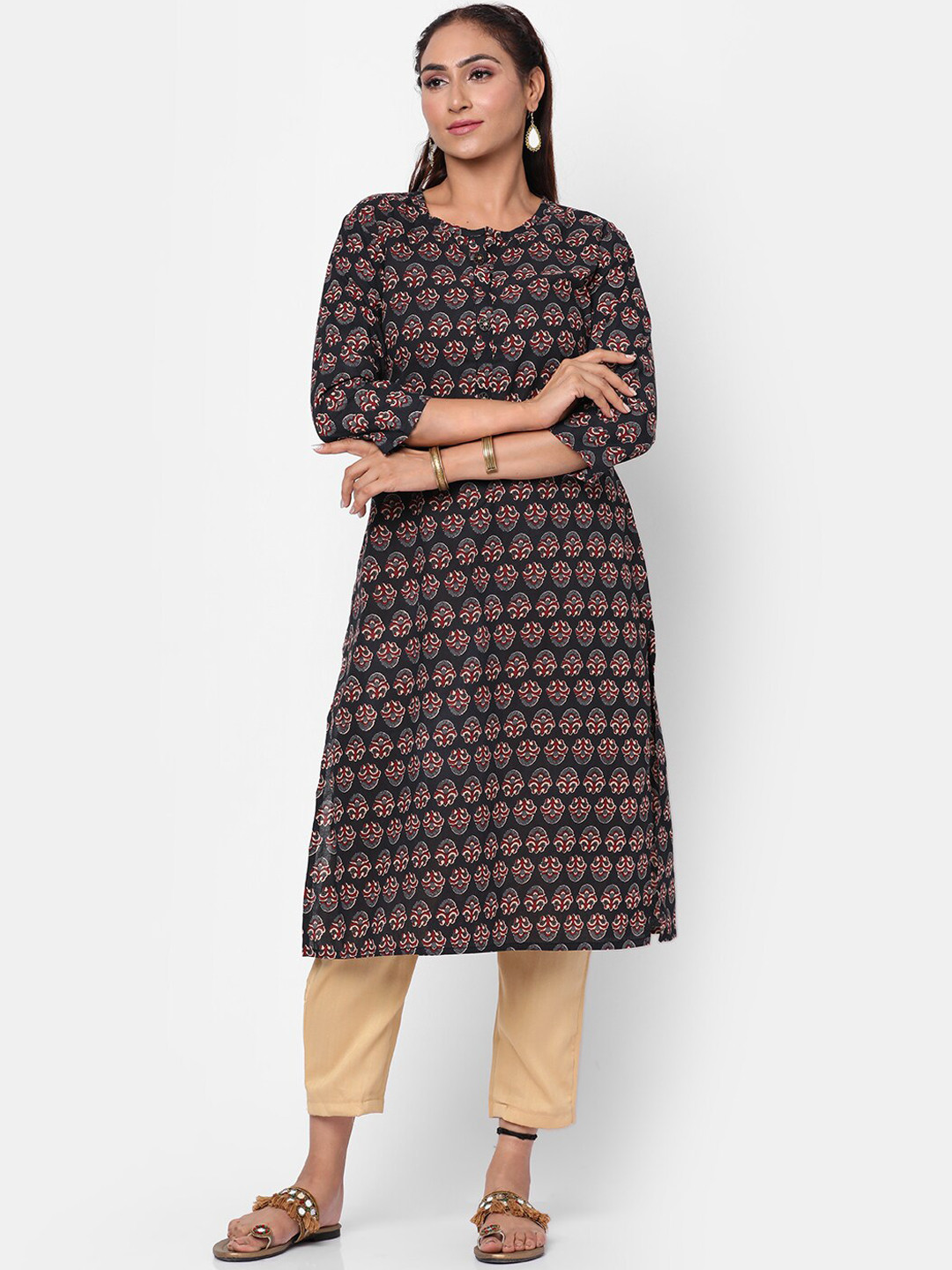 

Kastiel Ethnic Motifs Printed Cotton Kurta, Black
