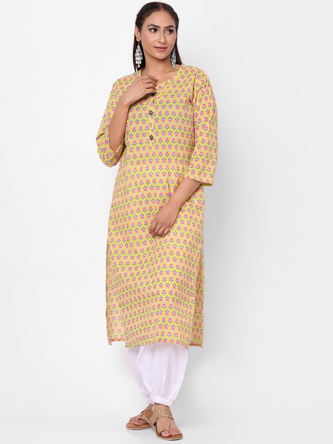 

Kastiel Ethnic Motifs Printed Straight Cotton Kurta, Yellow