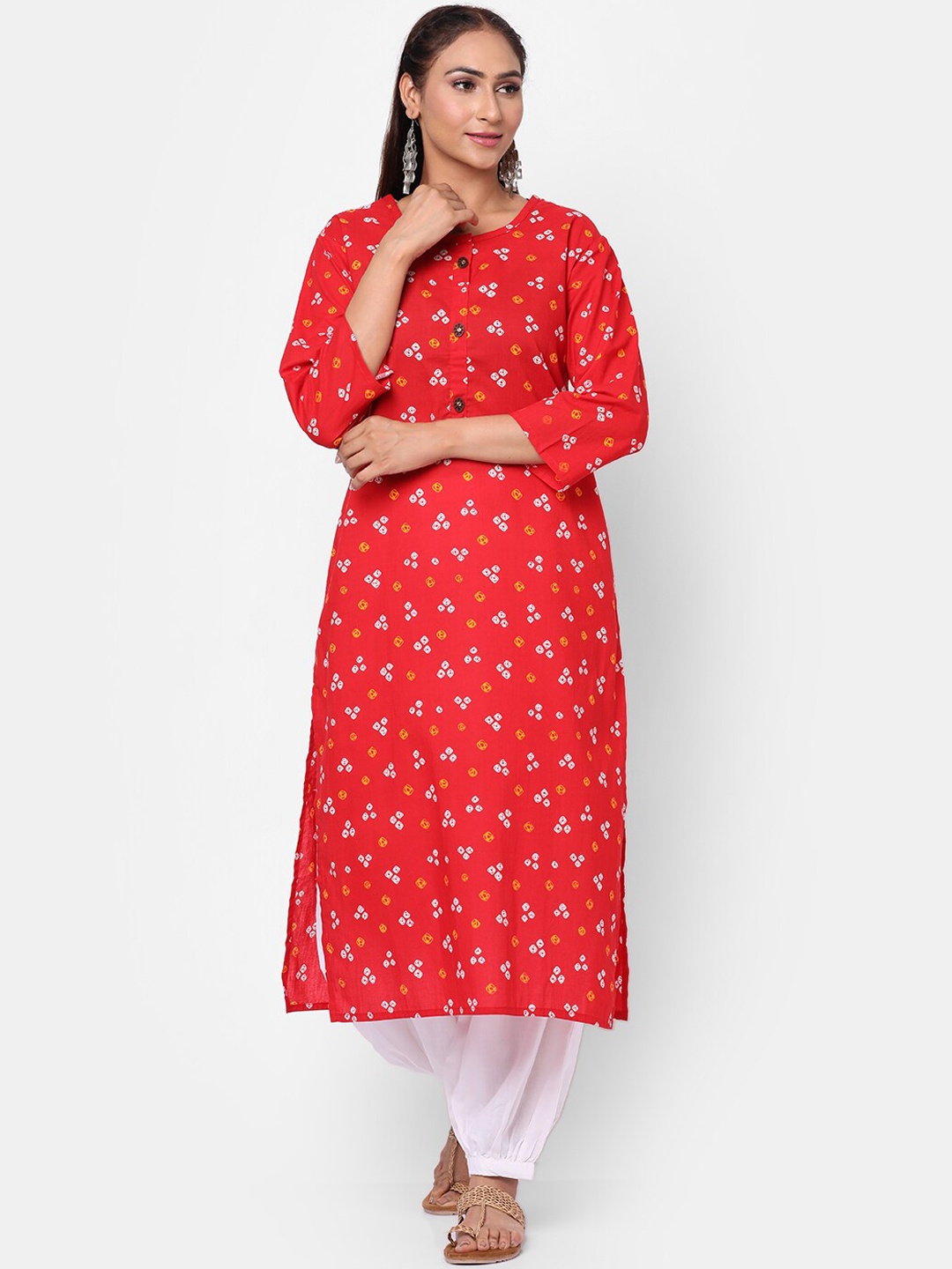 

Kastiel Women Red Cotton Bandhani Printed Kurta