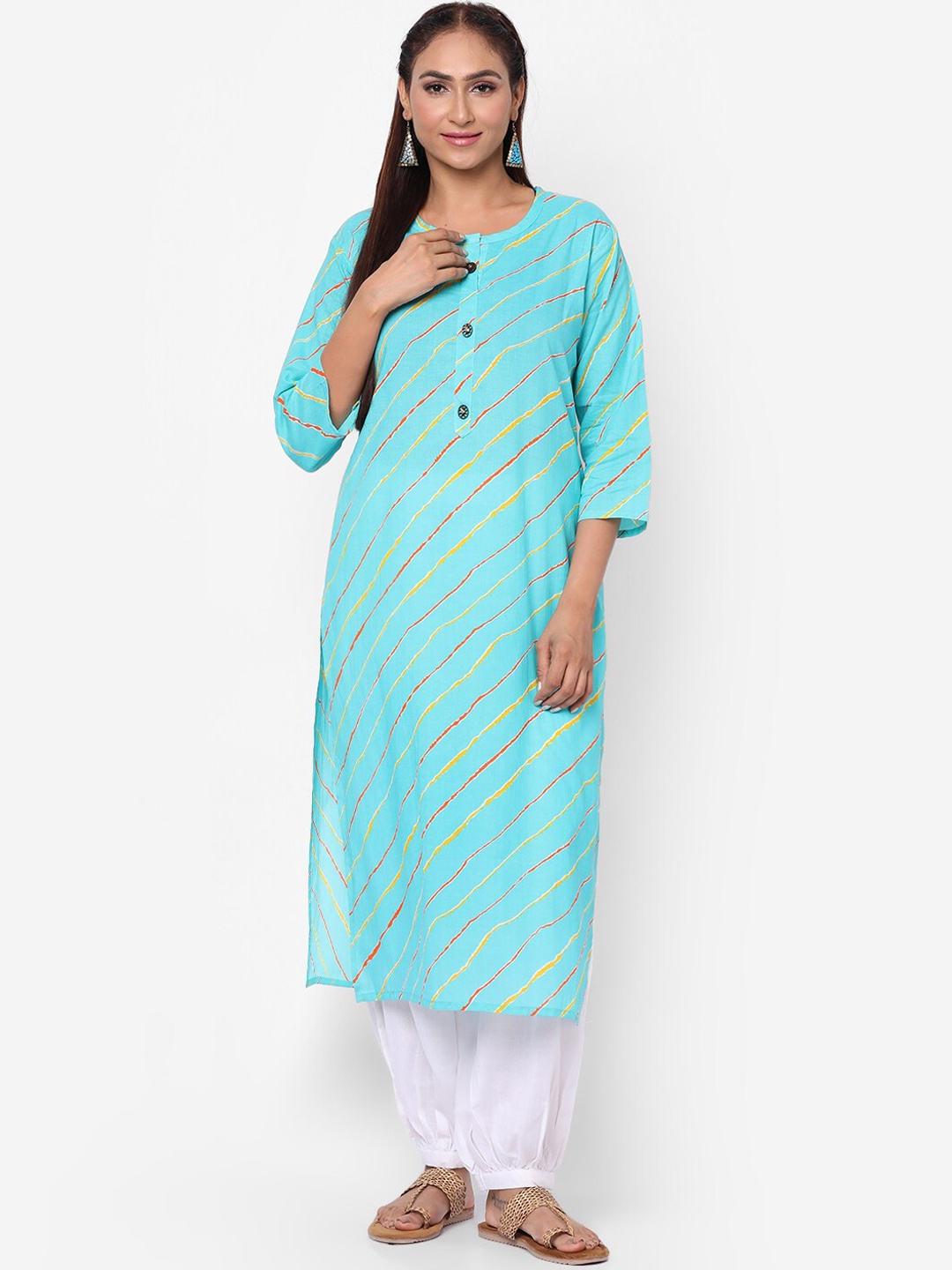 

Kastiel Printed Striped A-Line Regular Cotton Kurta, Turquoise blue
