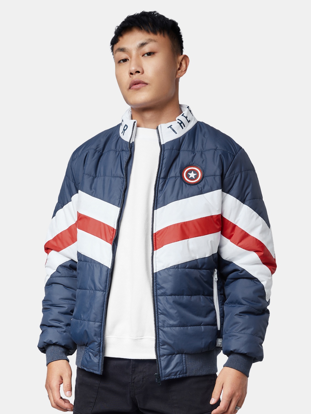 

The Souled Store Men Navy Blue Striped Padded Jacket
