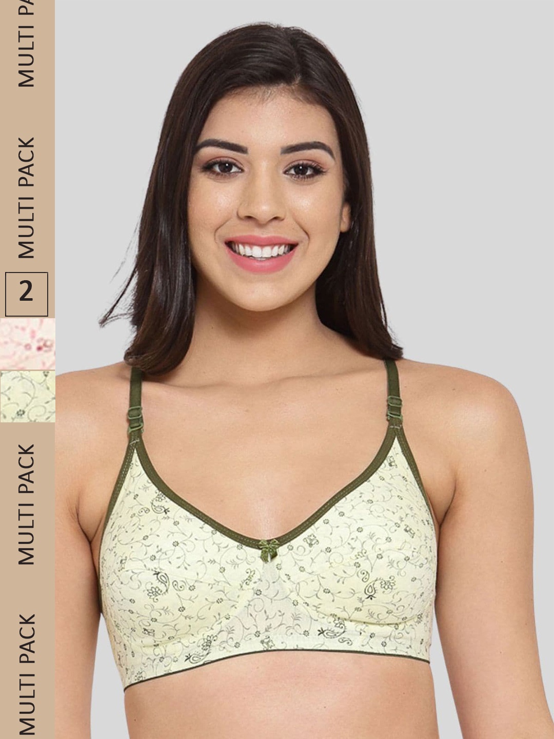 

Fasense Pack of 2 Floral Printed Cotton Non Padded Bra, Green