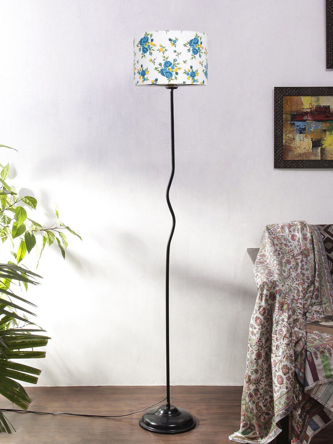 

Devansh Floral Printed Cotton Shade With Iron Cylinder Floor Lamp, White