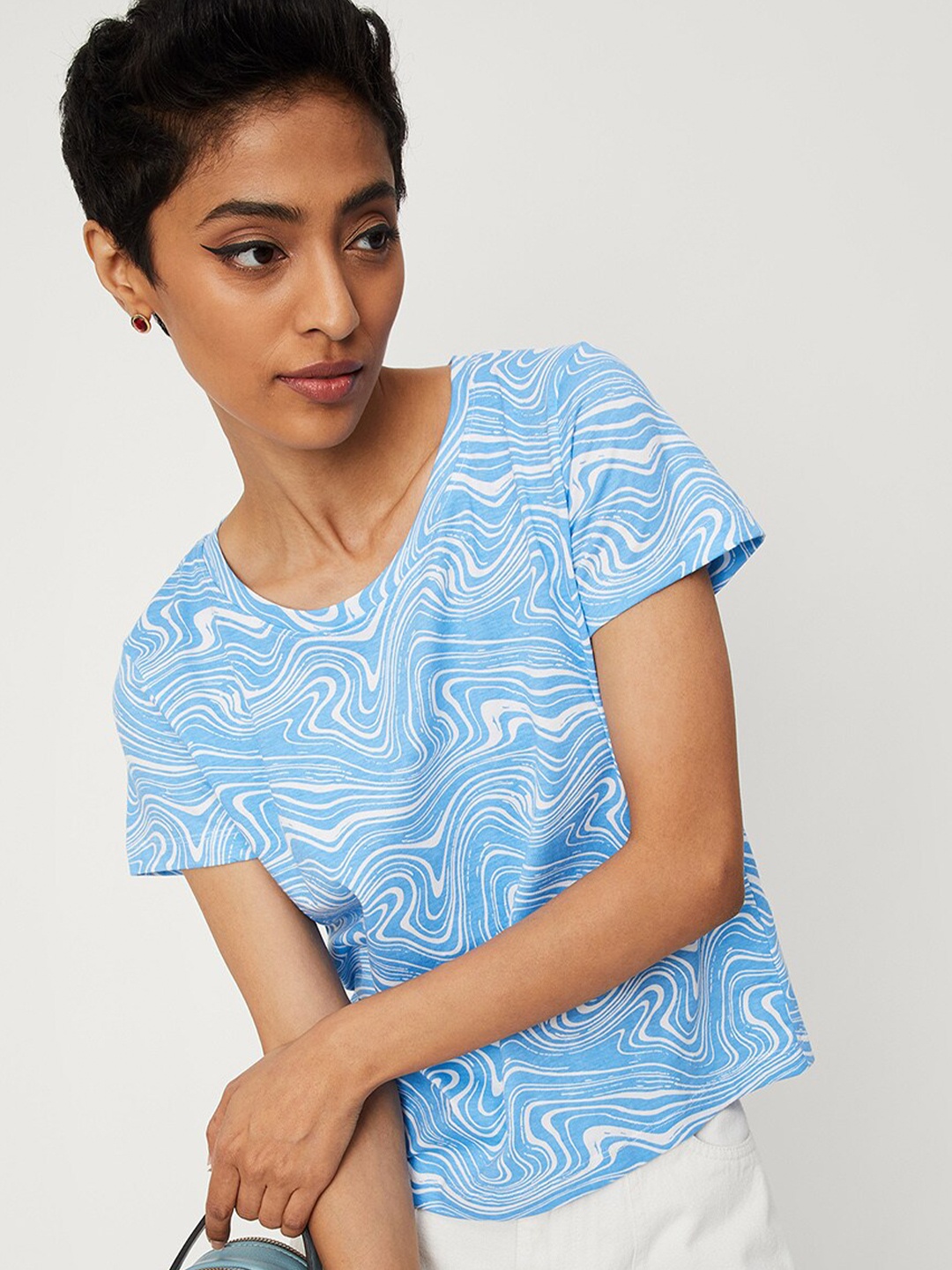 

max Women Printed Pure Cotton T-shirt, Blue