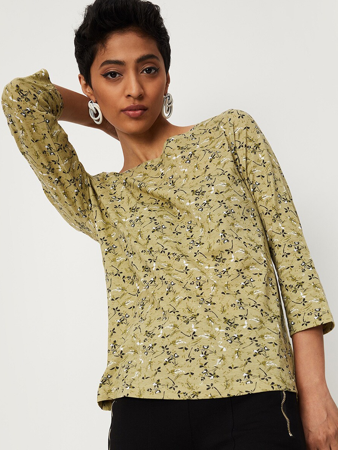 

max Women Floral Printed Pure Cotton T-shirt, Green