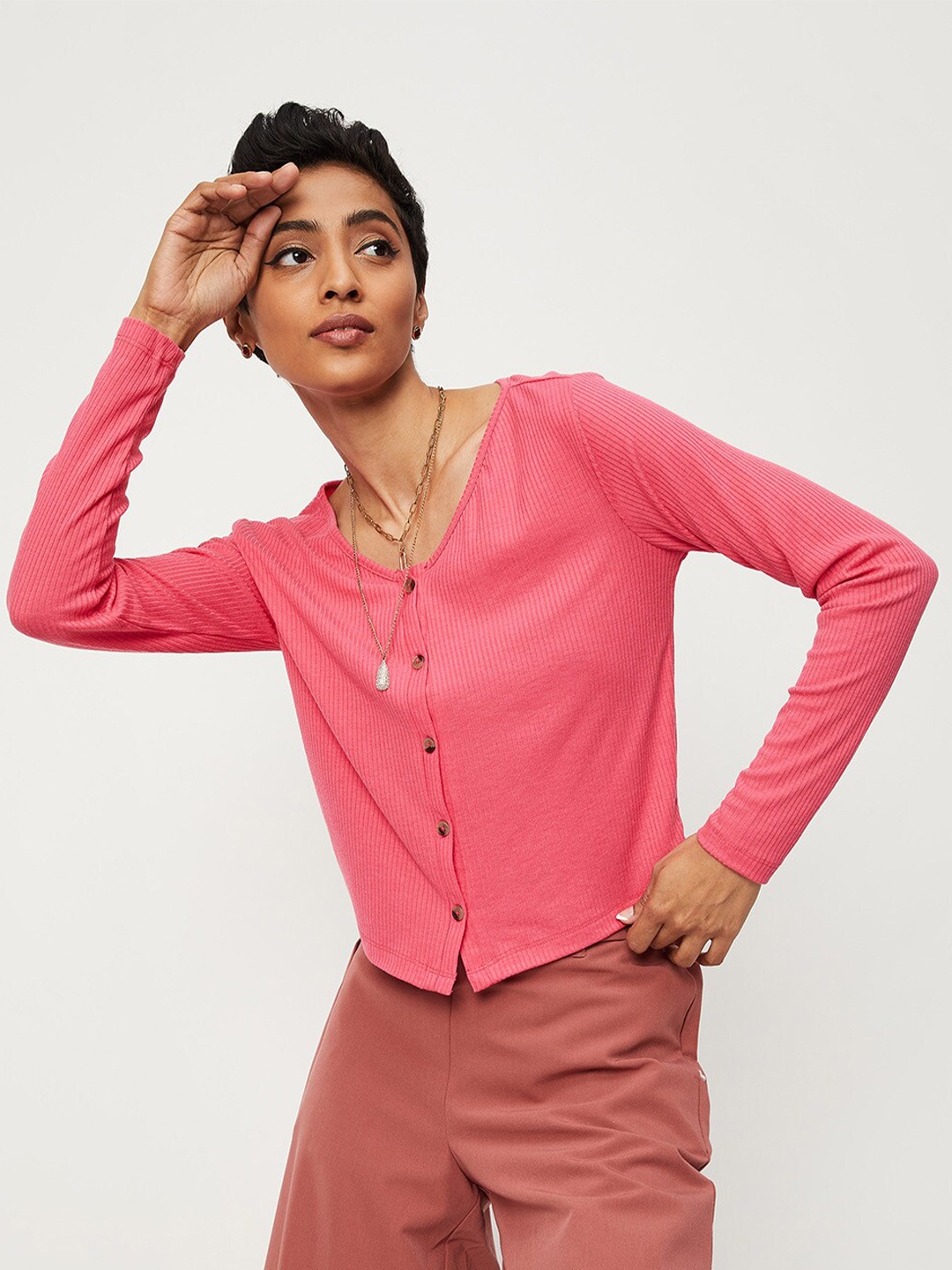 

max Women Open Front V-Neck T-shirt, Pink