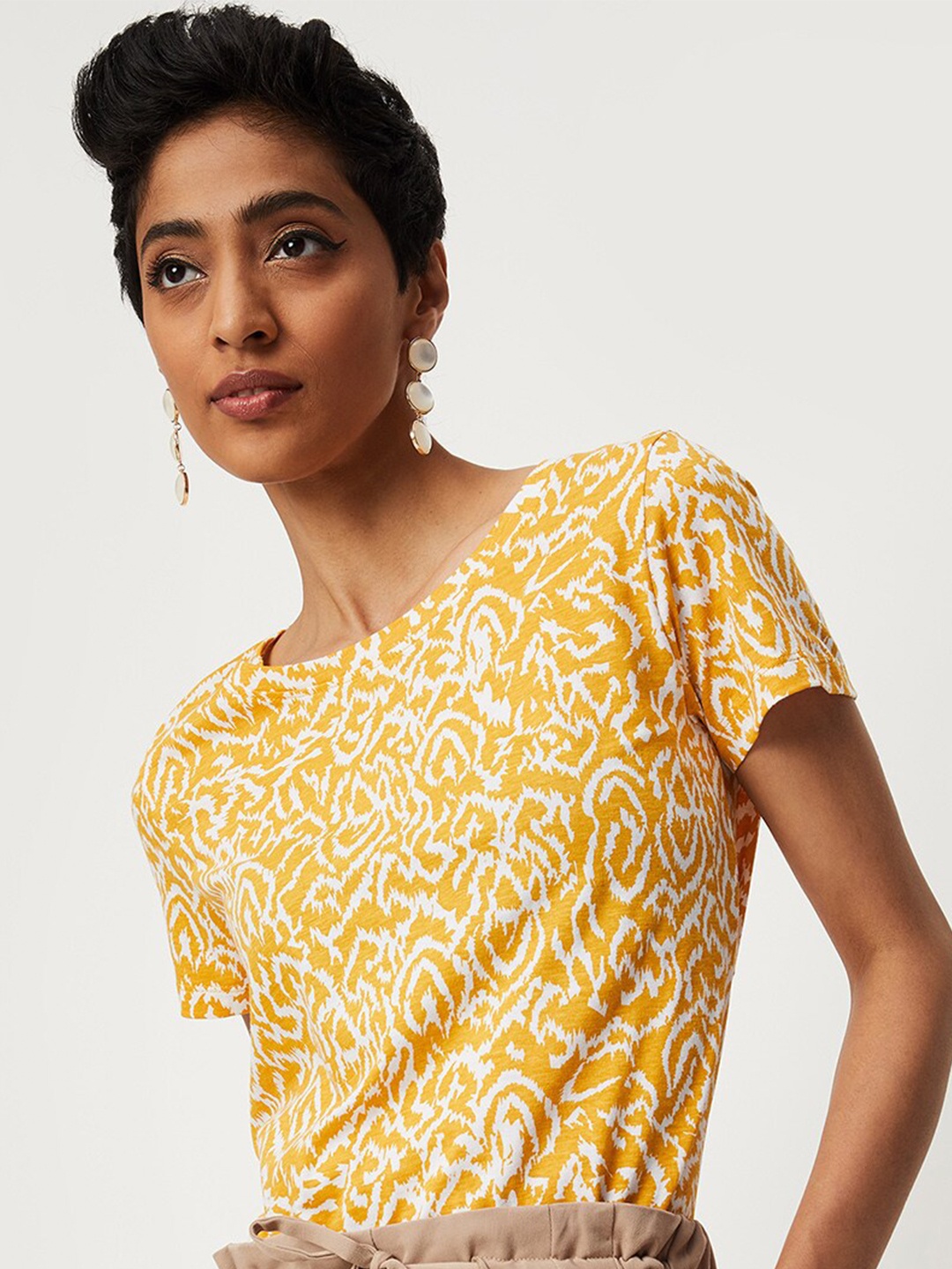 

max Women Abstract Printed Pure Cotton T-shirt, Mustard
