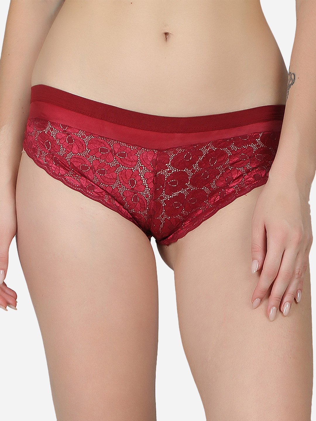 

N-Gal Women Self Design Hipster Briefs, Maroon