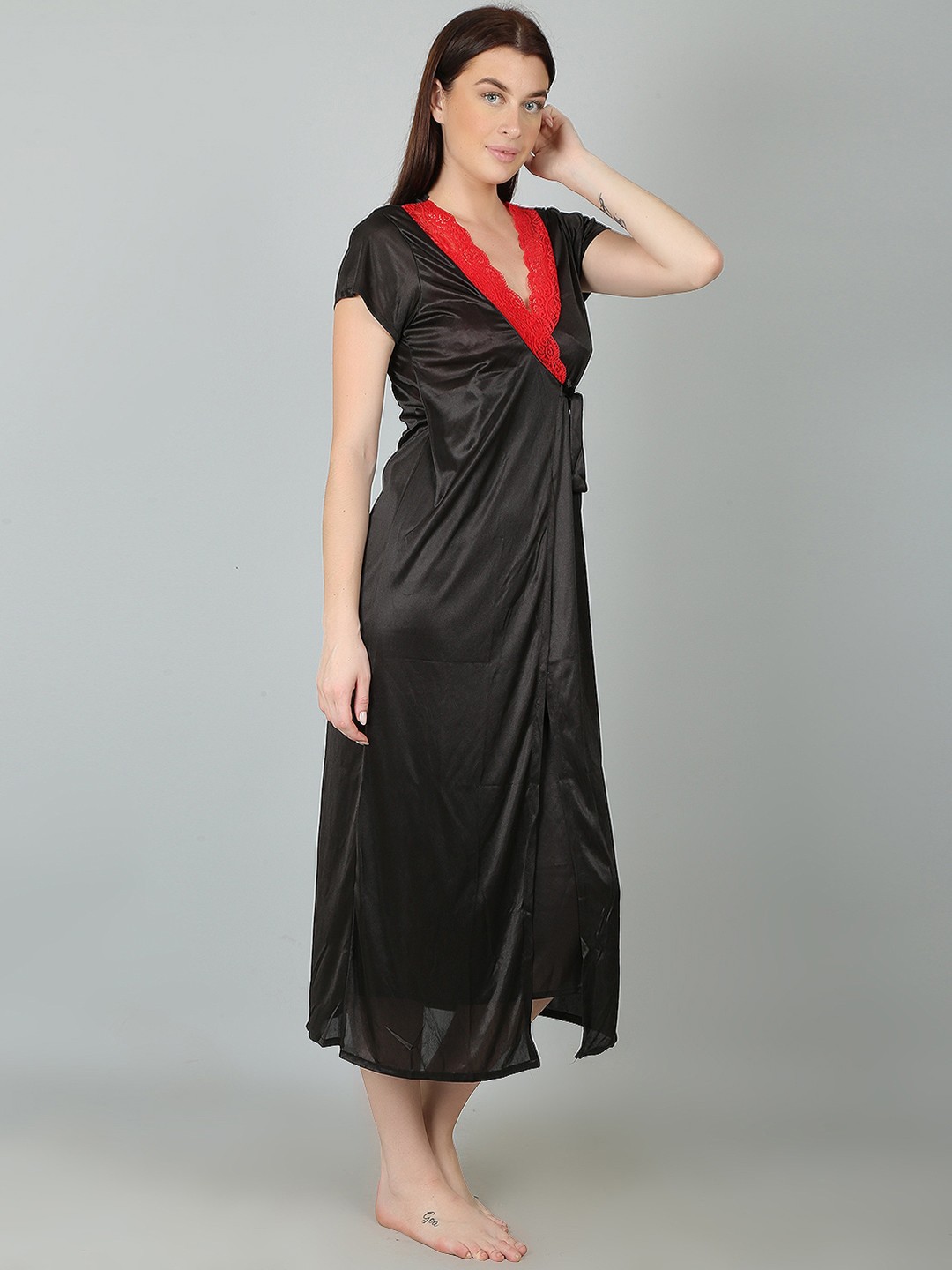 

N-Gal V-Neck Maxi Wrap Style Nightdress, Black