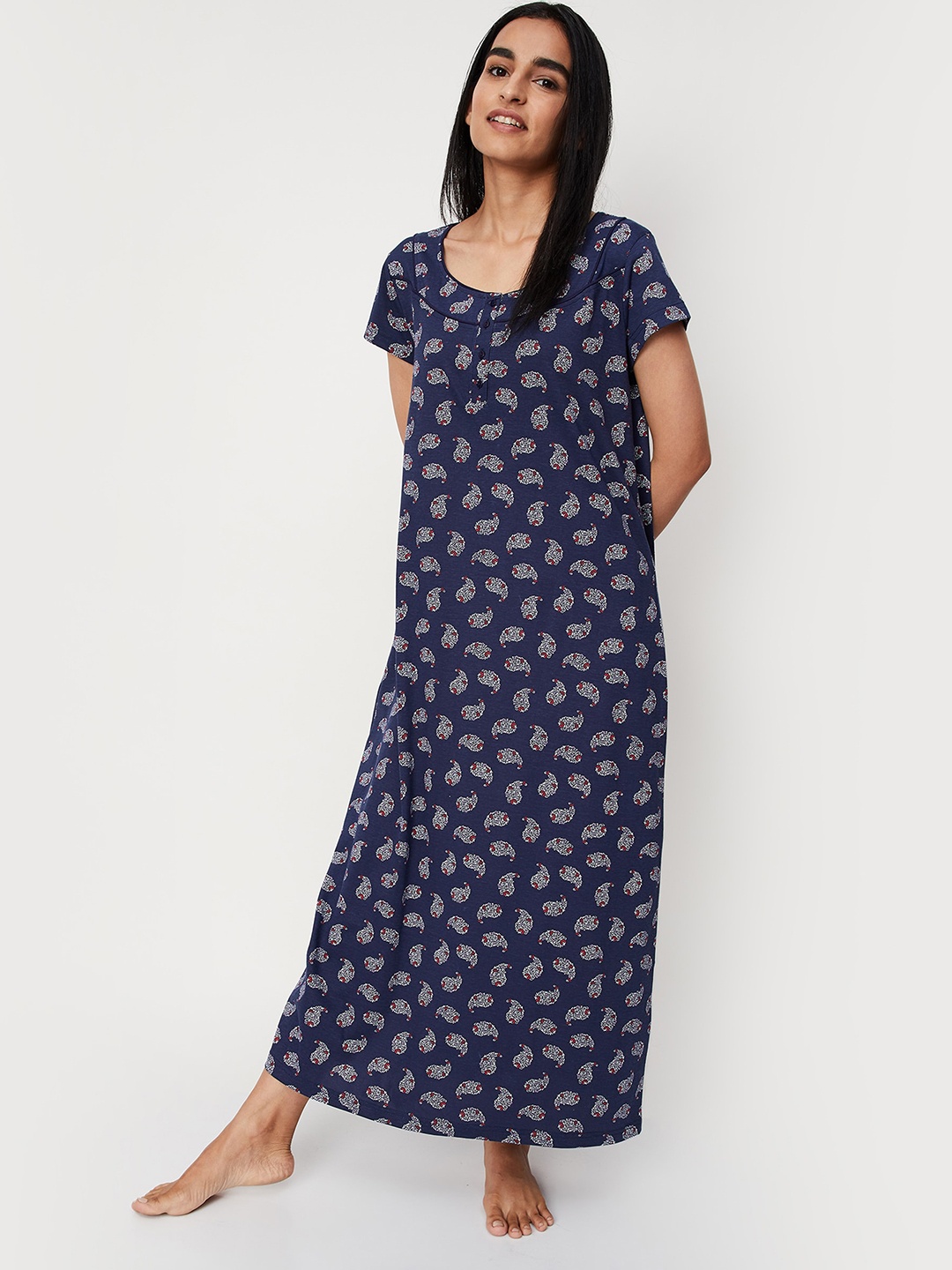 

max Printed Pure Cotton Maxi Nightdress, Navy blue