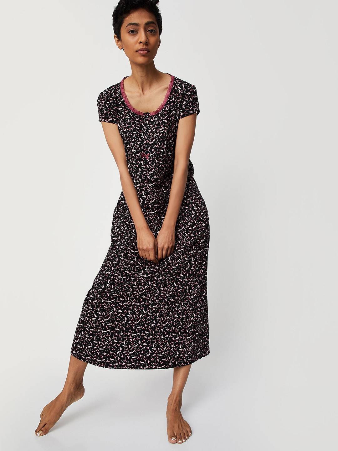 

max Printed Pure Cotton Maxi Nightdress, Black