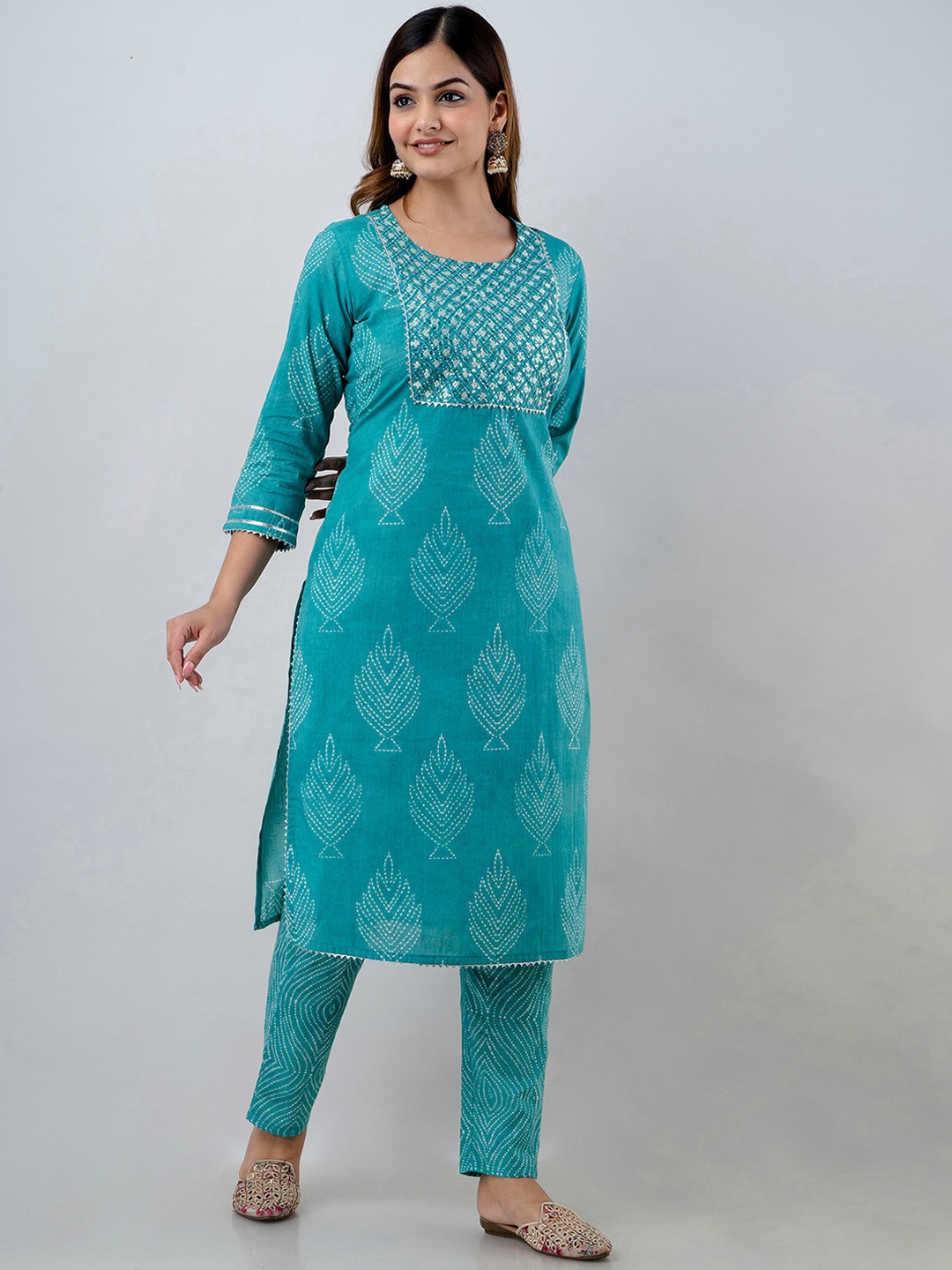 

KALINI Ethnic Motifs Embroidered Gotta Patti Pure Cotton Kurta with Trousers, Sea green