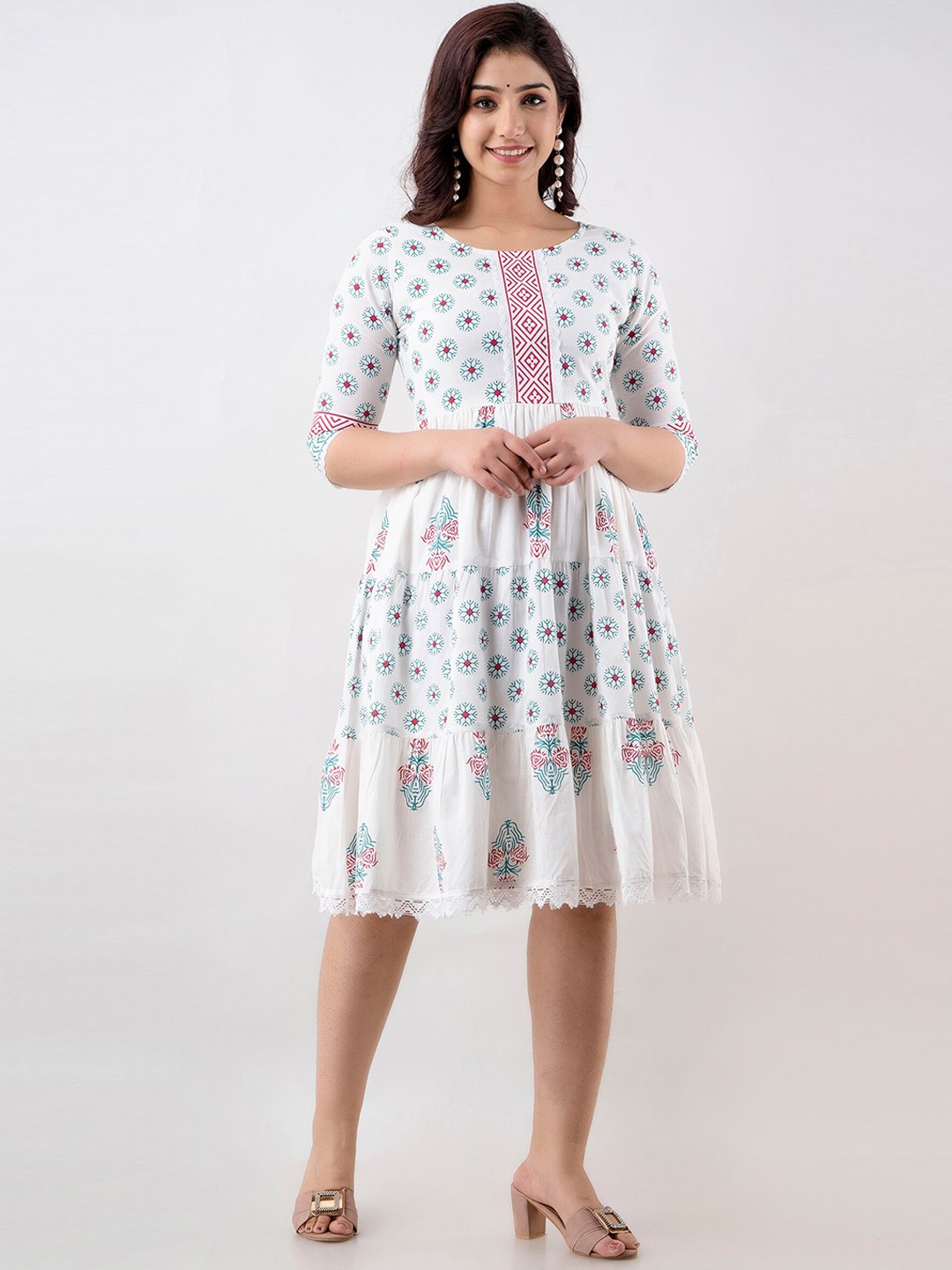 

KALINI Women Printed Cotton Tiered A-line Ethnic Dress, White