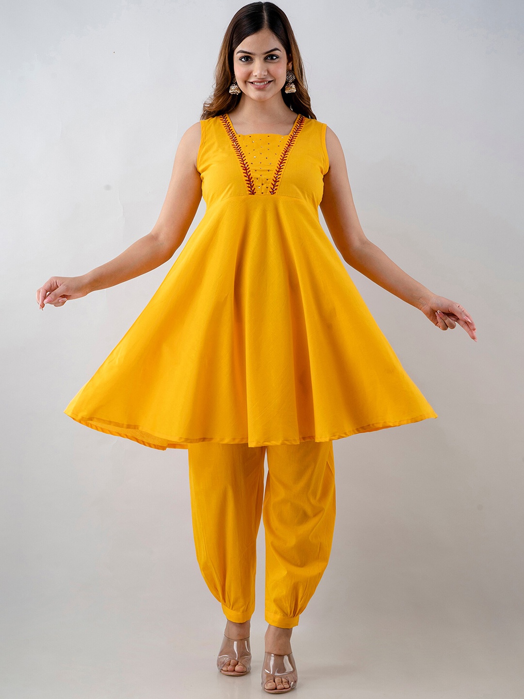 

KALINI Floral Embroidered Empire Gotta Patti Pure Cotton Kurta with Patiala & With, Mustard