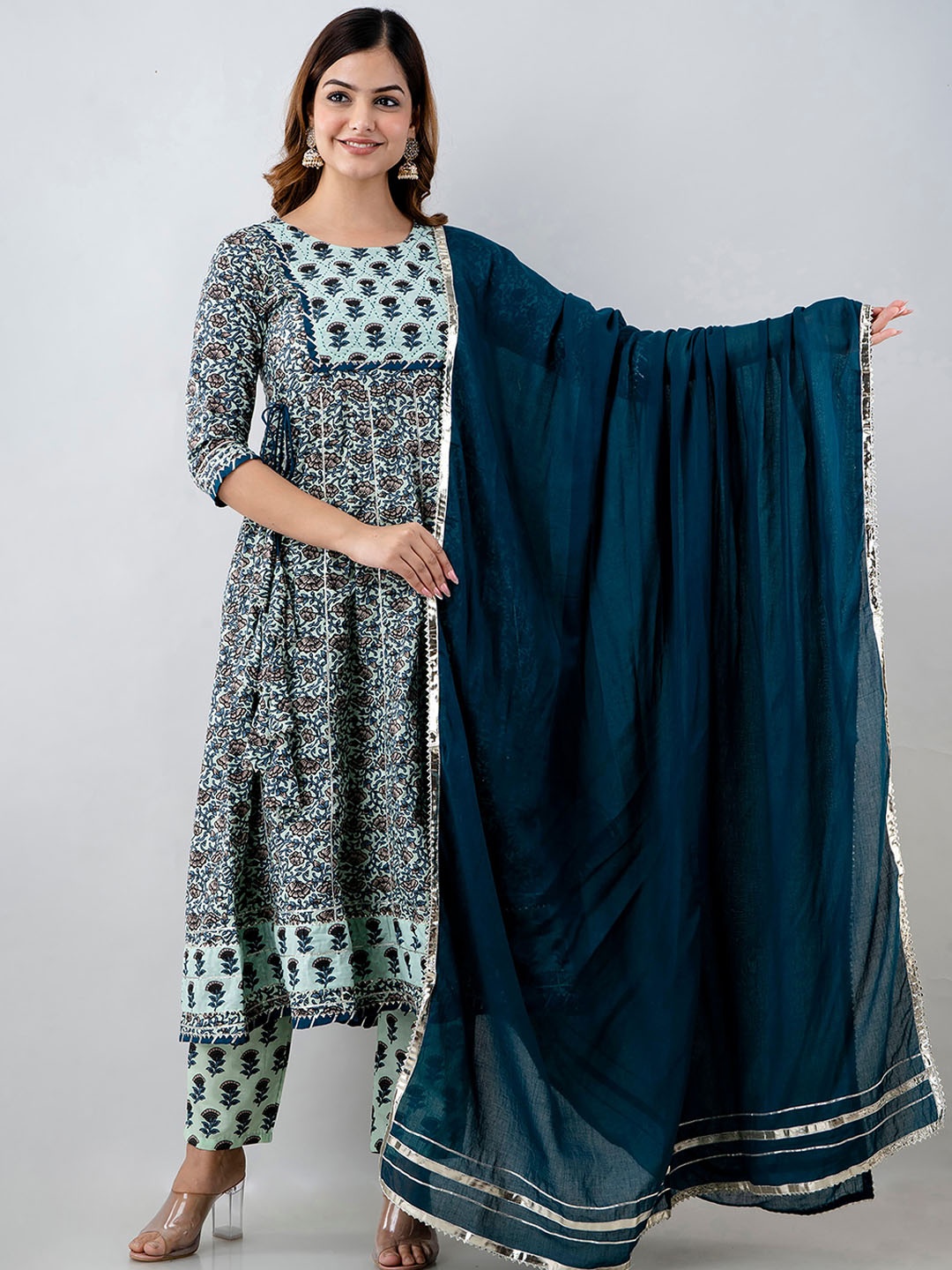 

KALINI Empire Gotta Patti Pure Cotton Kurta with Trousers & With Dupatta, Green