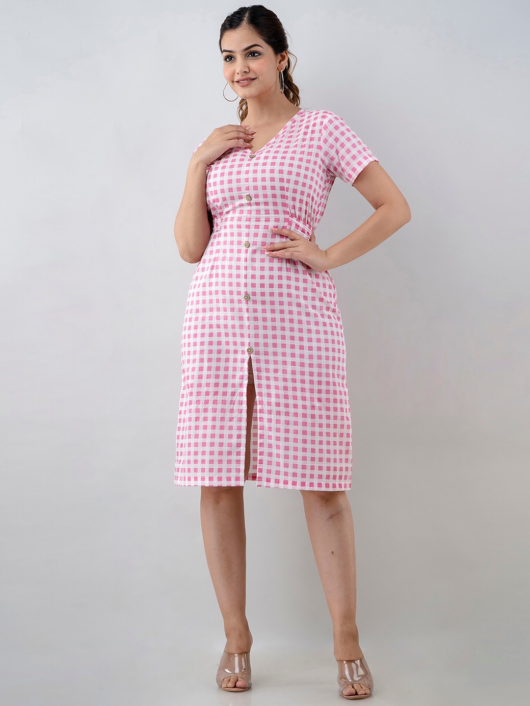 

KALINI Checked Cotton Shirt Dress, Pink