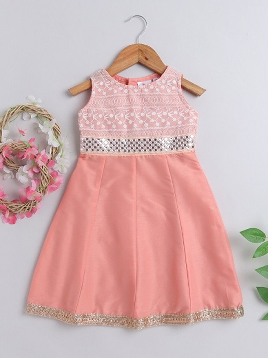 

The Magic Wand Girls Floral Embroidered Dress, Peach