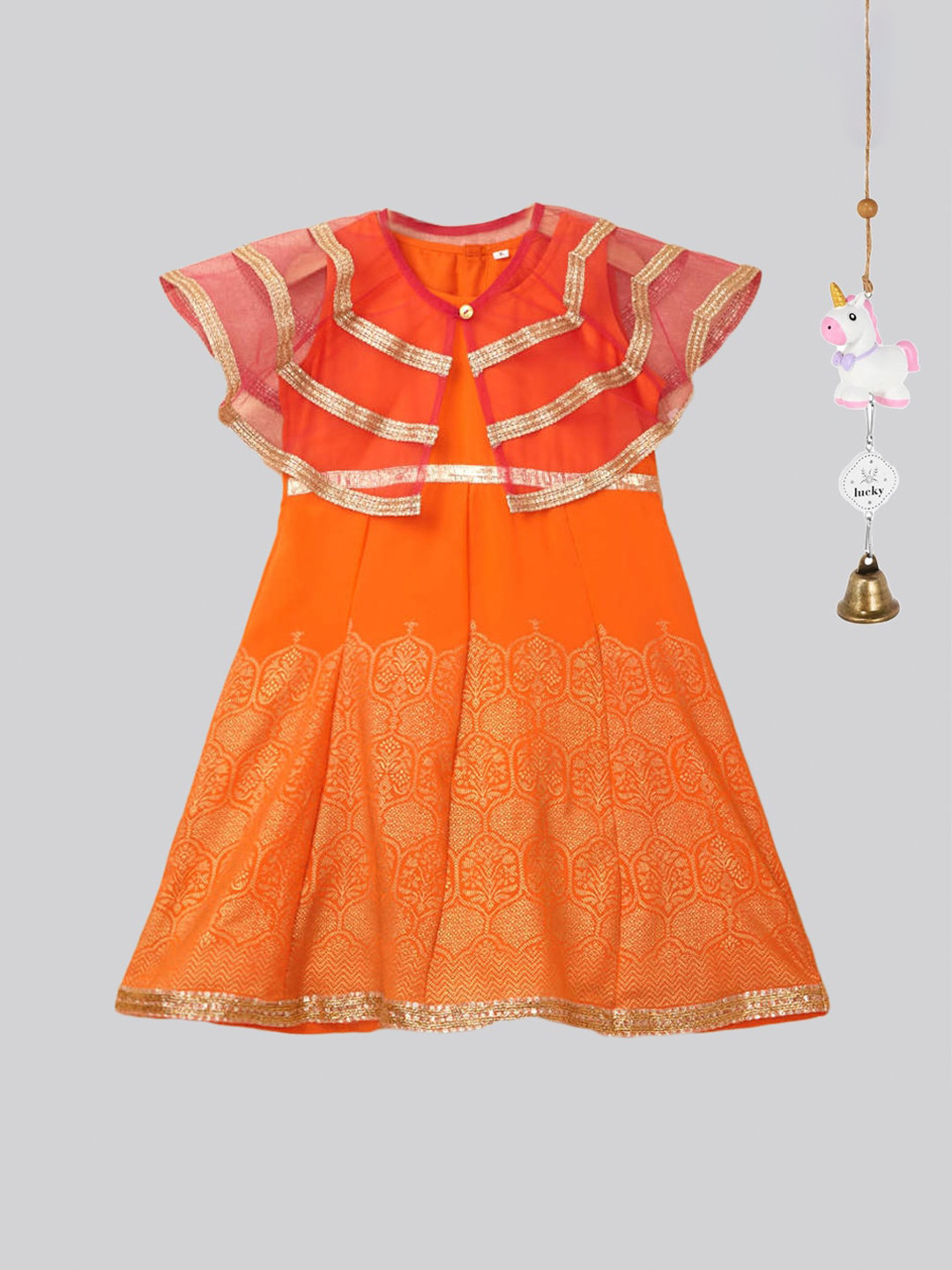 

The Magic Wand Girls Ethnic Motifs Net Dress, Orange
