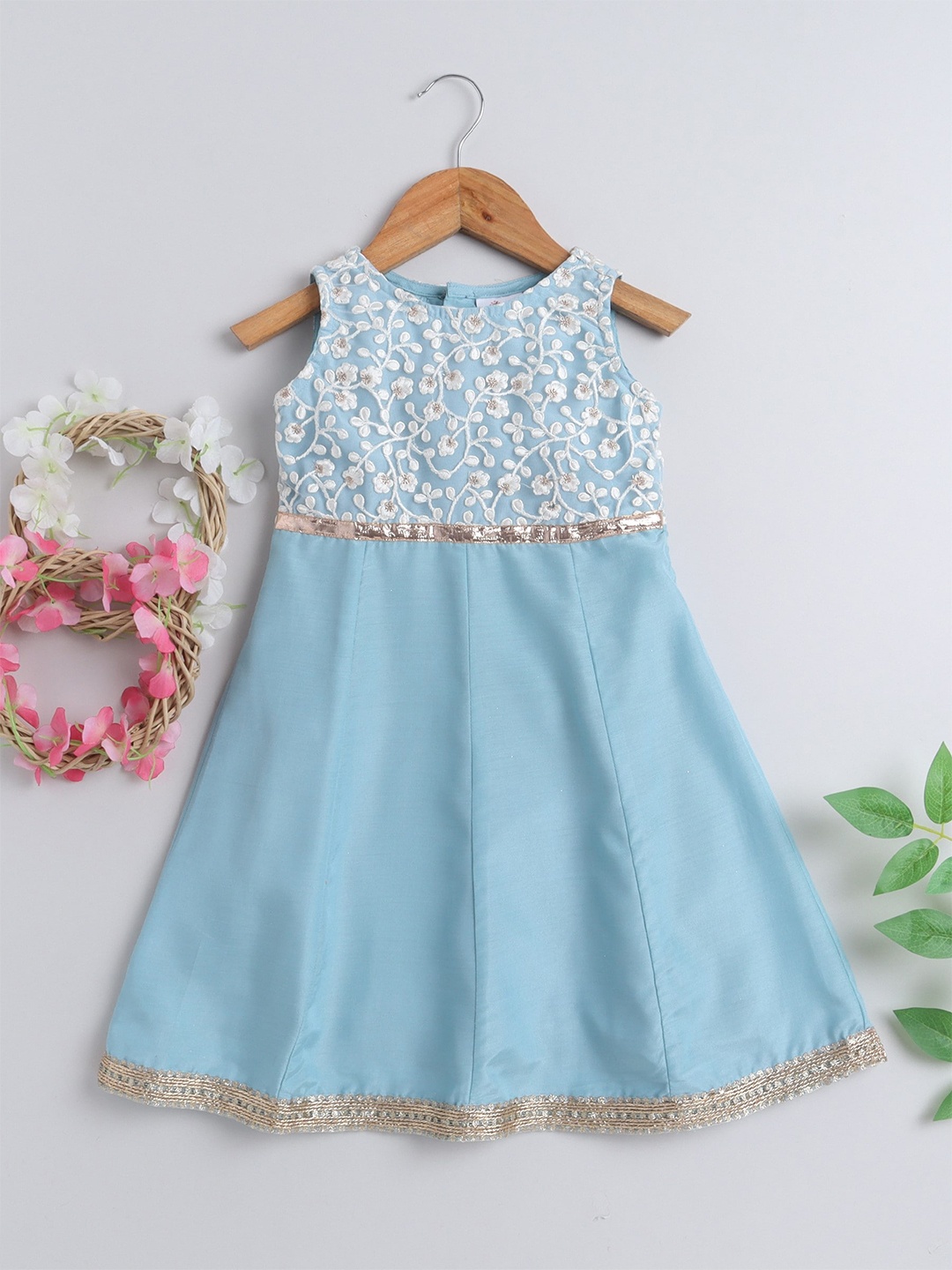

The Magic Wand Girls Floral Embroidered Satin A-Line Dress, Blue