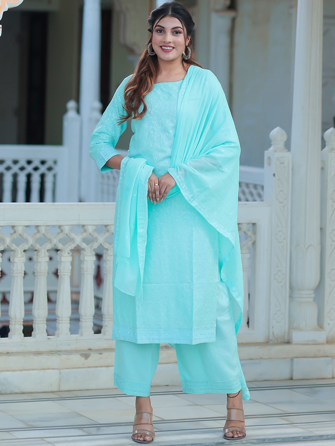 

Ramas Women Turquoise Blue Embroidered Sequinned Kurta with Palazzos & With Dupatta