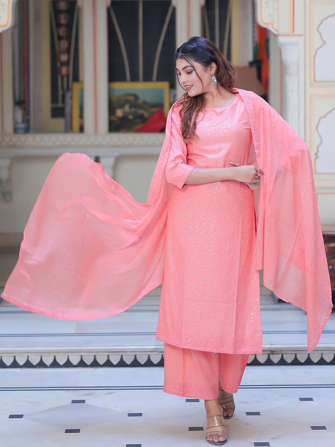 

Ramas Women Peach-Coloured Embroidered Sequinned Kurta with Palazzos & With Dupatta