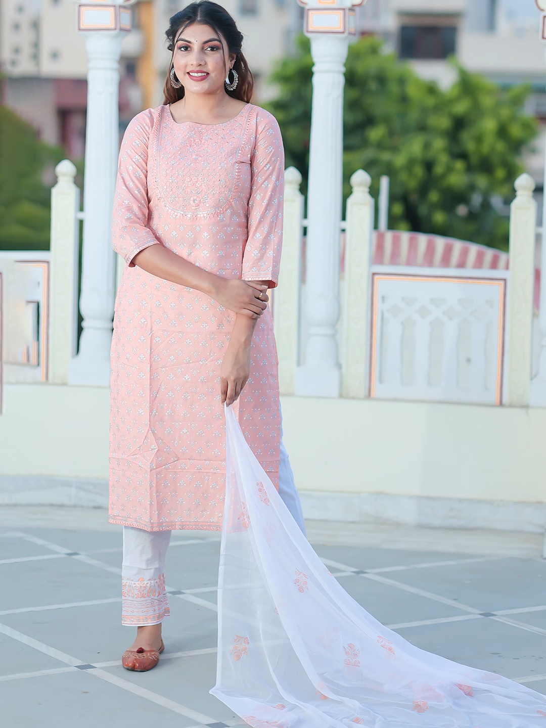 

Ramas Ethnic Motifs Embroidered Mirror Work Pure Cotton Kurta with Trousers & Dupatta, Peach