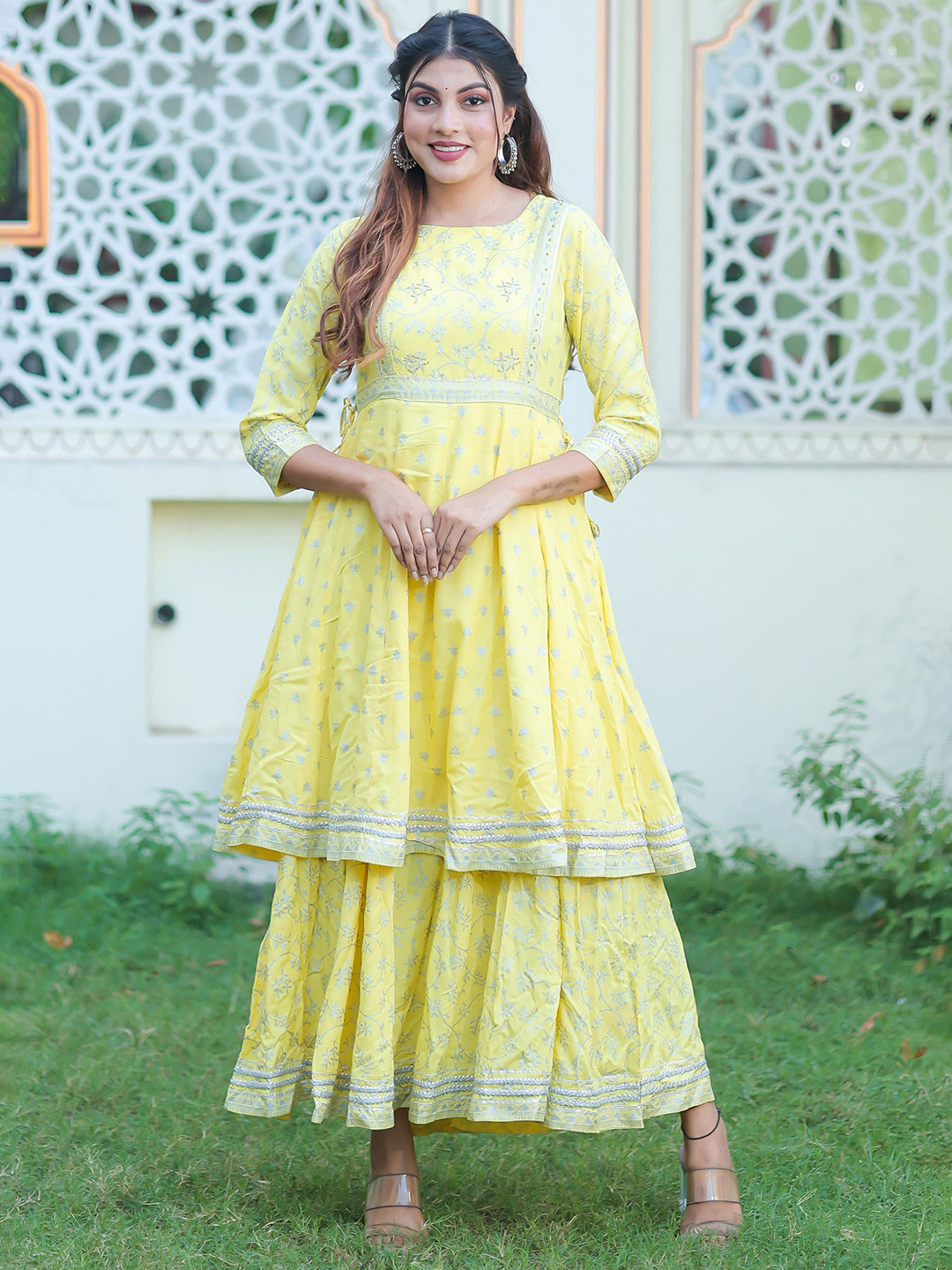 

Ramas Women Floral Embroidered Empire Kurti with Sharara, Yellow