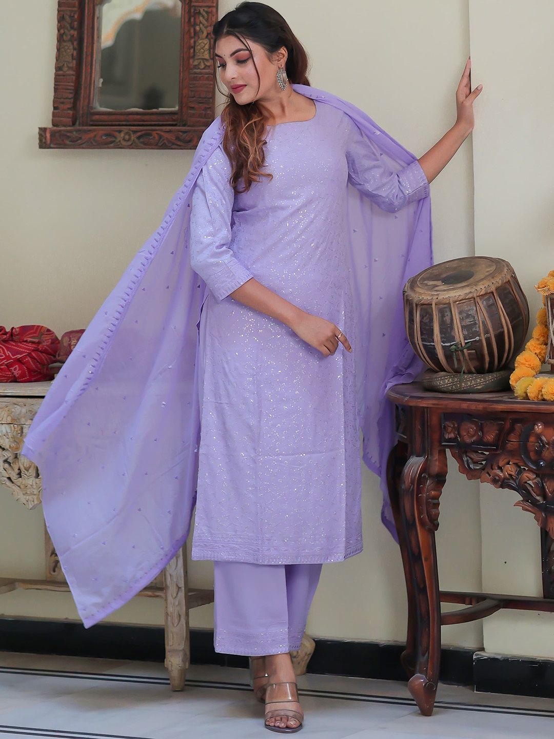 

Ramas Floral Sequinned Kurta with Palazzos & Dupatta, Lavender