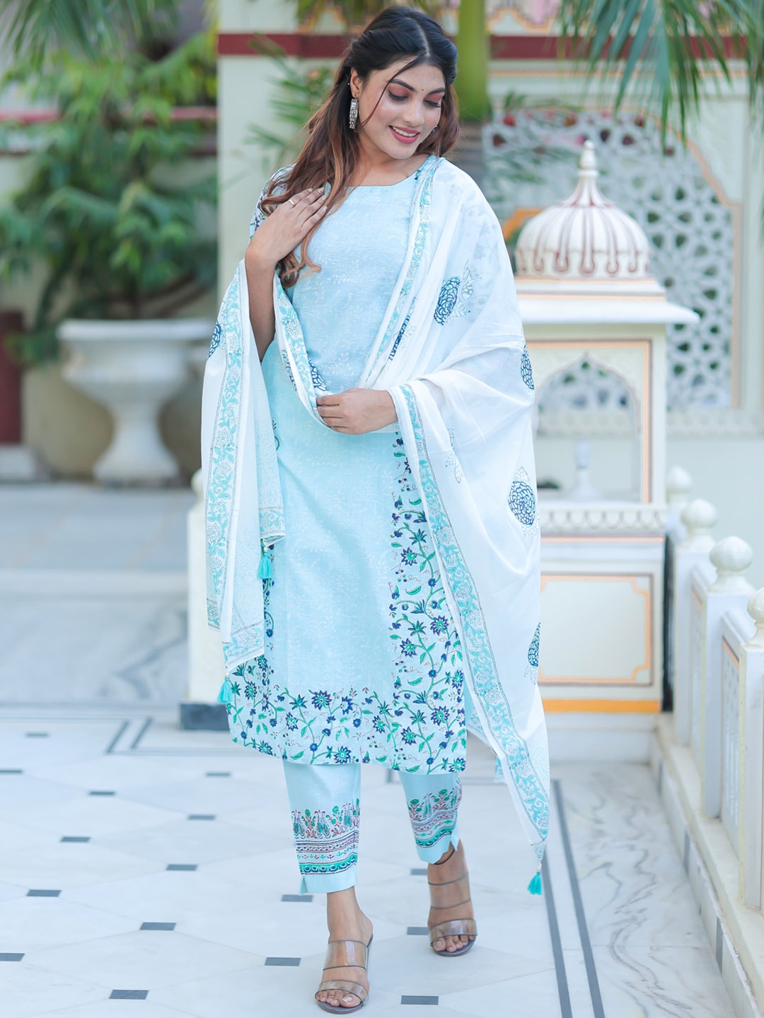 

Ramas Floral Printed Pure Cotton Kurta with Trousers & Dupatta, Turquoise blue