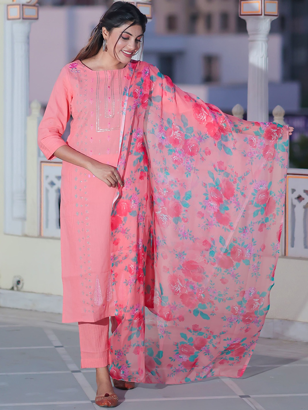 

Rama Ethnic Motifs Sequinned Pure Cotton Kurta with Trousers & Dupatta, Pink