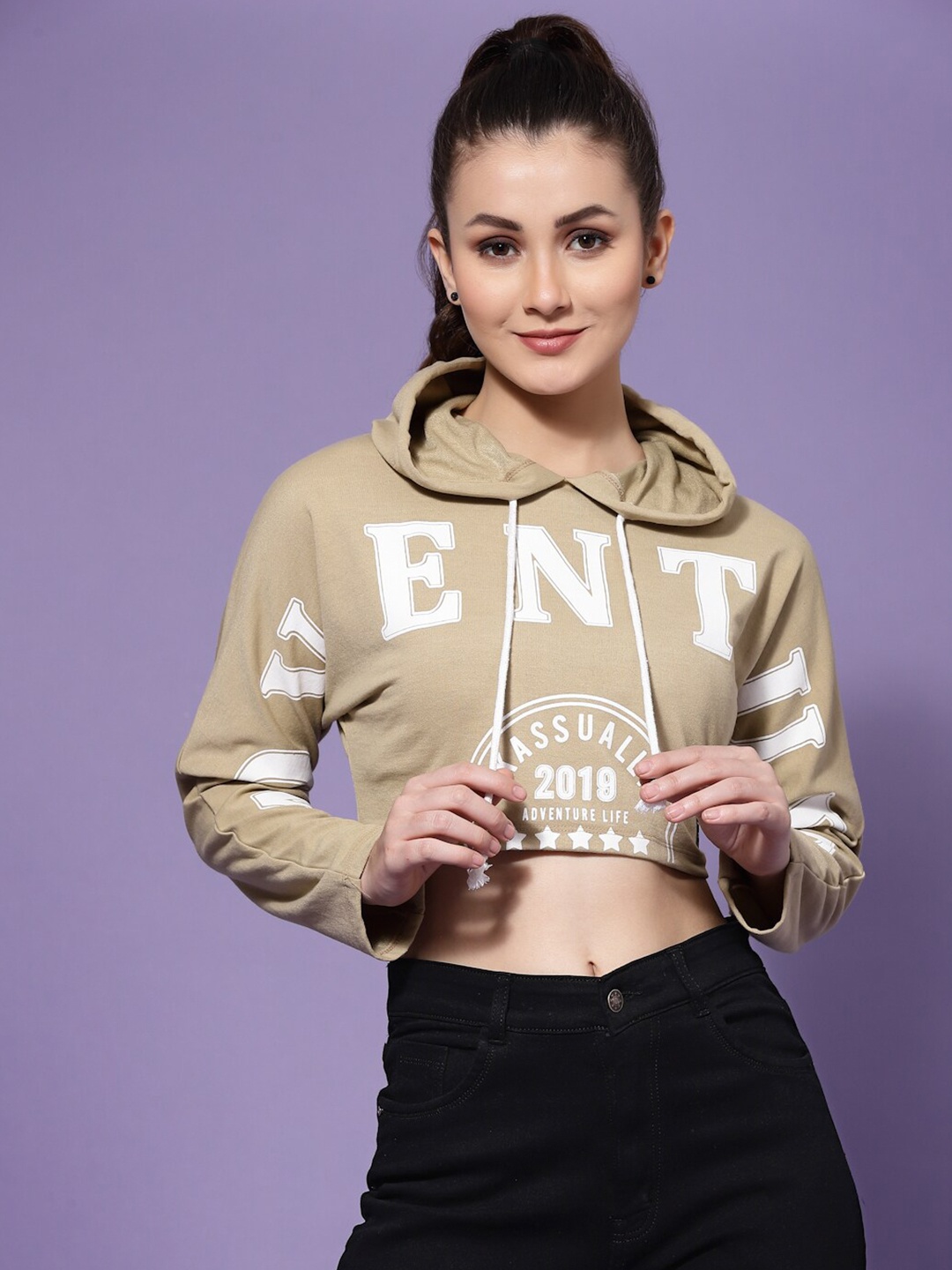 

KASSUALLY Women Printed Hooded Crop Sweatshirt, Beige