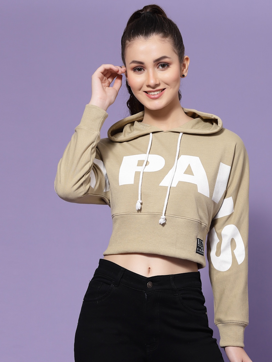 

KASSUALLY Women Printed Hooded Sweatshirt, Beige