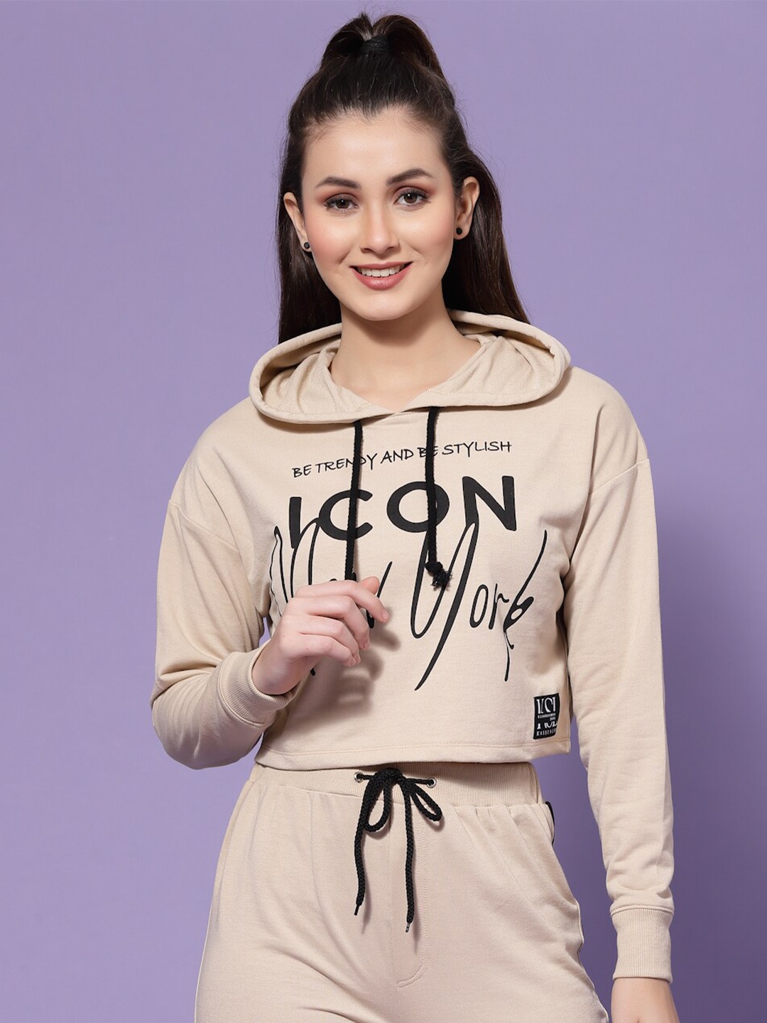 

KASSUALLY Typography Printed Hooded Sweatshirt, Beige