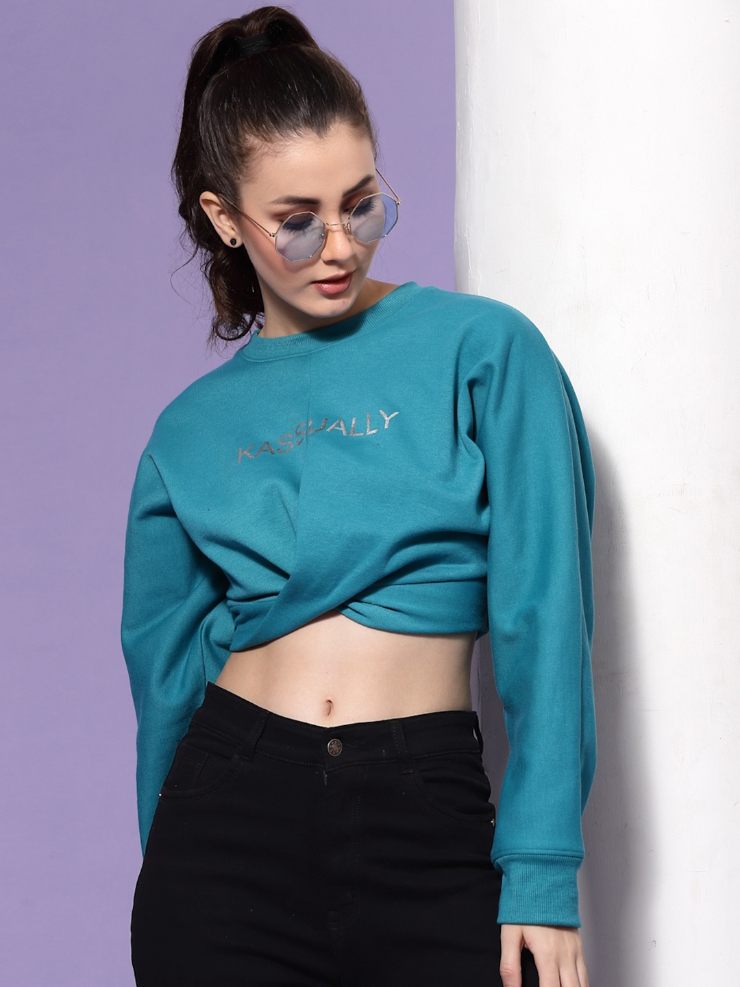 

KASSUALLY Front Knot Round Neck Sweatshirt, Turquoise blue