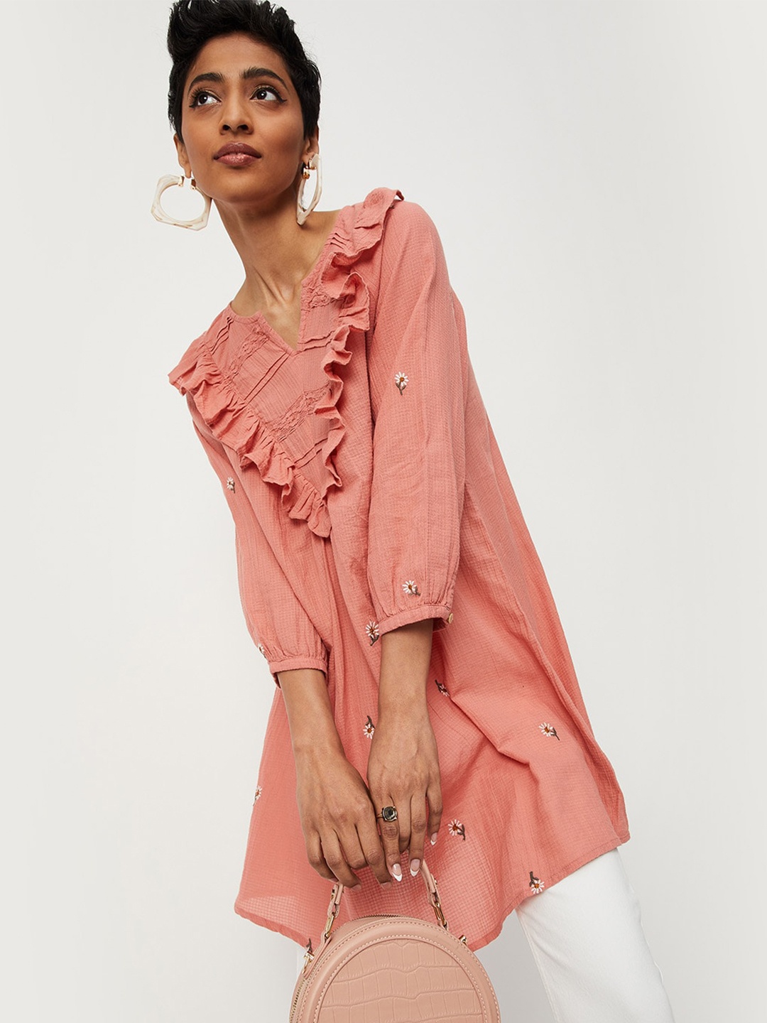 

max Embroidered Cotton Long Sleeves Tunic, Pink