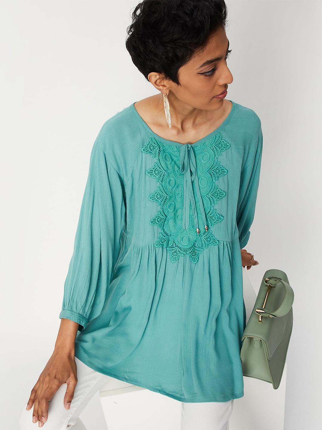 

max Viscose Rayon Embroidered Tunic, Green