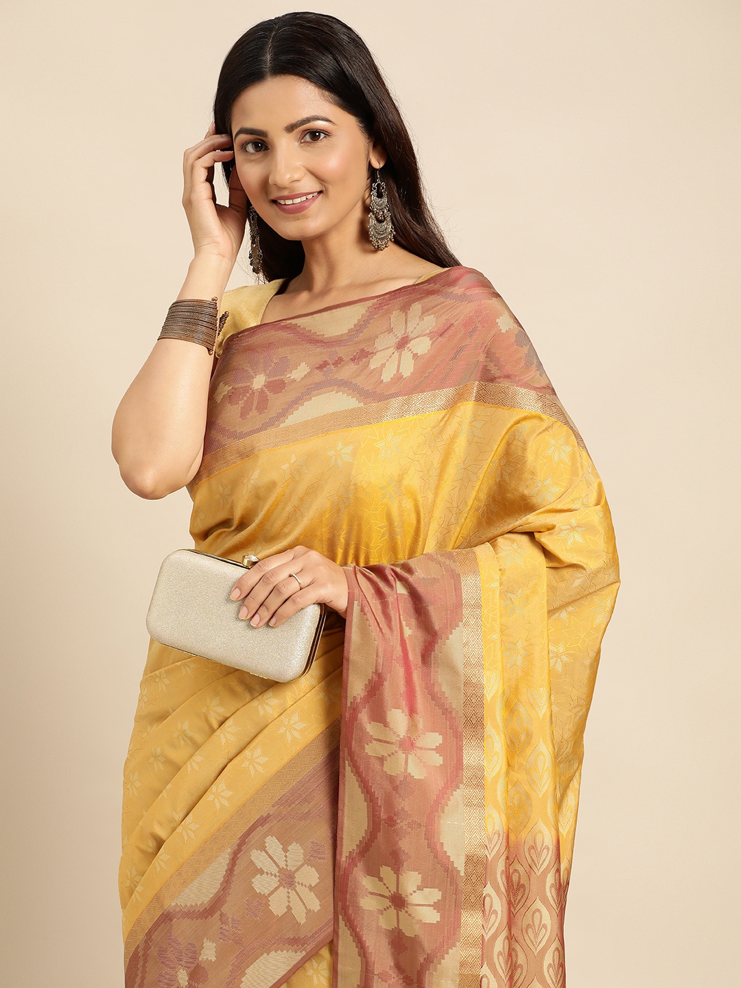 

Pothys Cream-Coloured & Yellow Floral Art Silk Saree