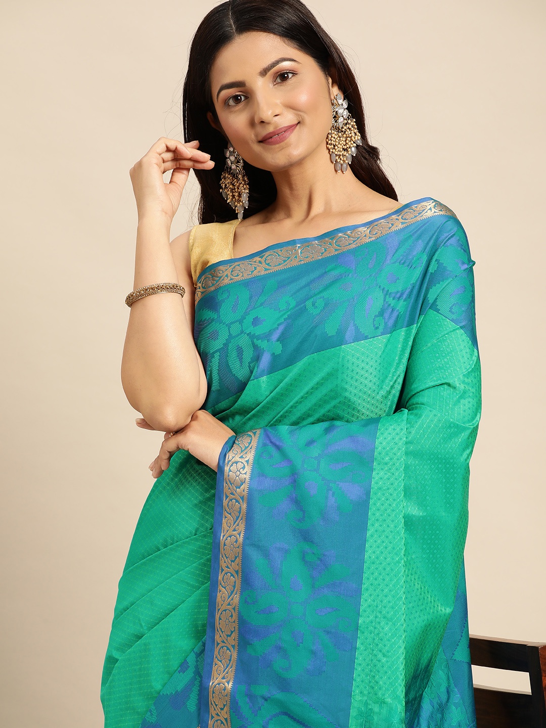 

Pothys Floral Art Silk Saree, Sea green