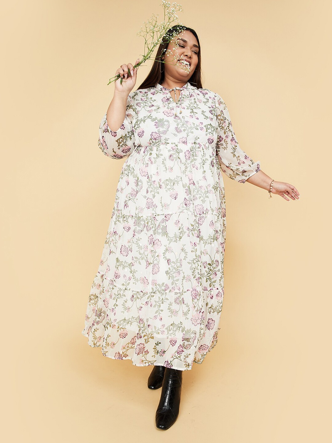 

max Plus Size Floral Tie-Up Neck Maxi Dress, Cream