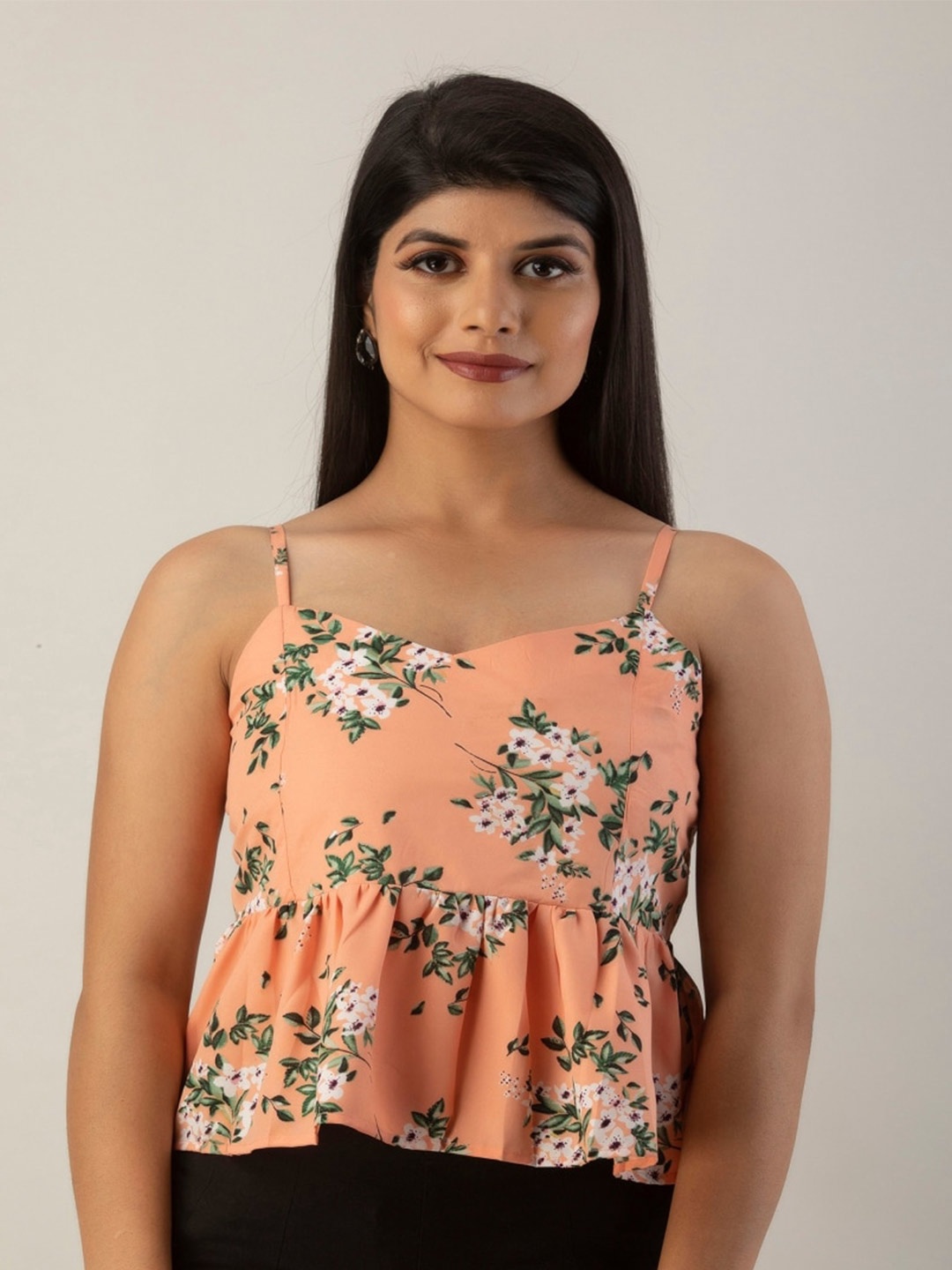 

KALINI Floral Print Peplum Crop Top, Peach