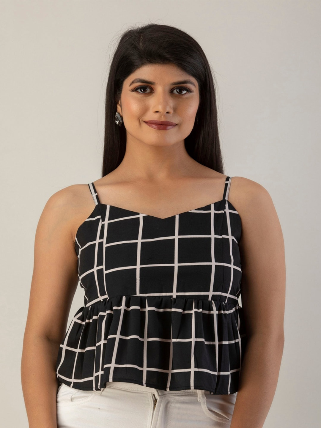 

KALINI Checked Peplum Crop Top, Black