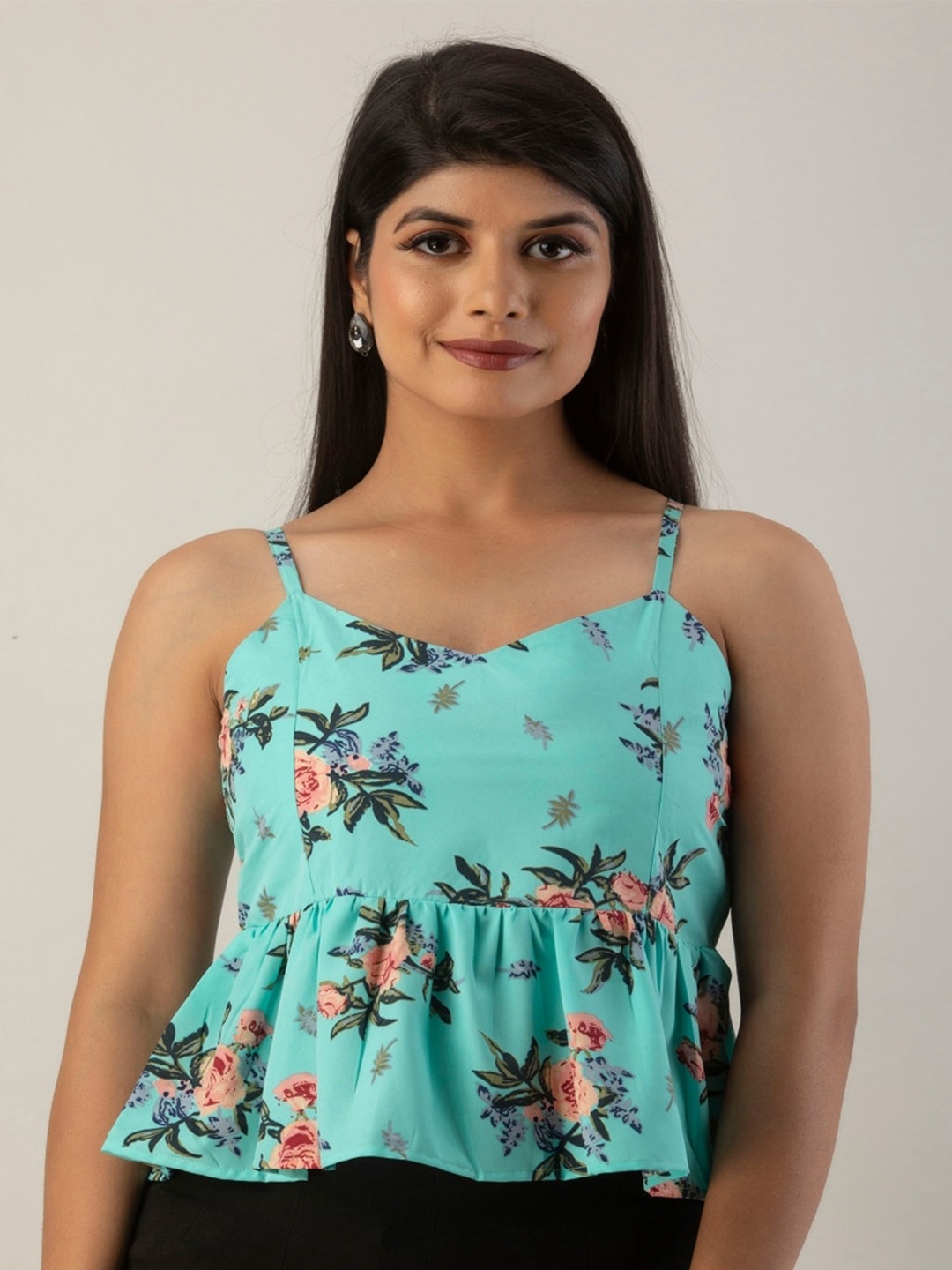 

KALINI Floral Print Peplum Crop Top, Blue