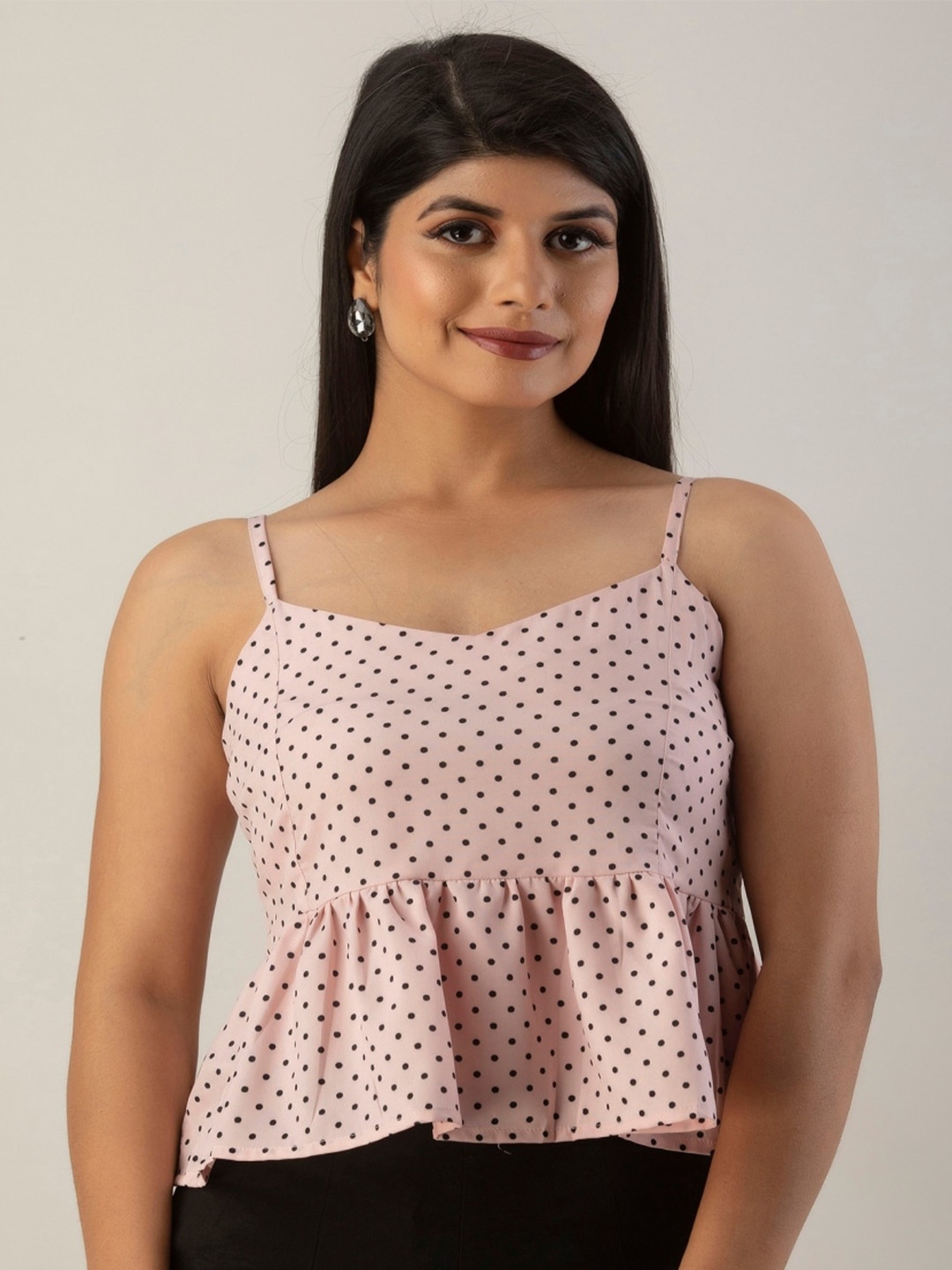 

KALINI Polka Dots Print Peplum Crop Top, Pink