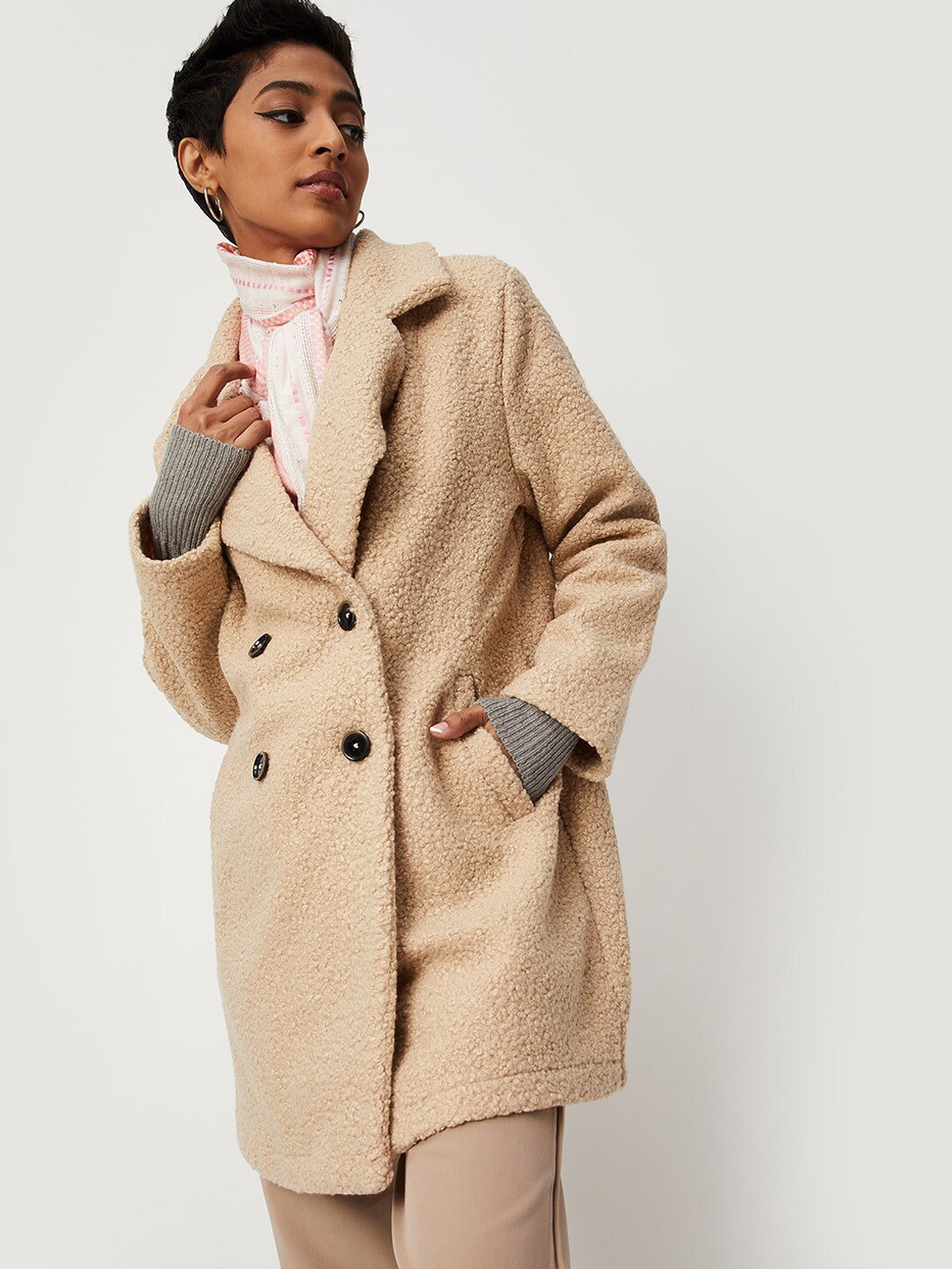 

max Women Longline Faux Fur Overcoat, Beige