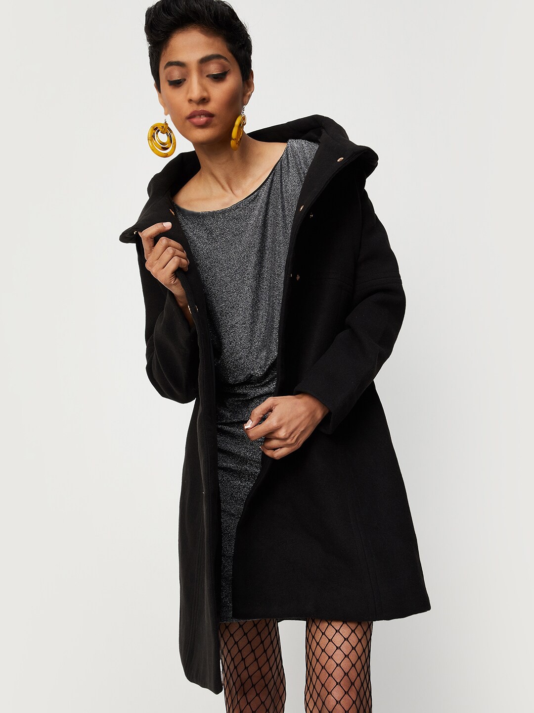 

max Women Longline Hooded Overcoat, Black